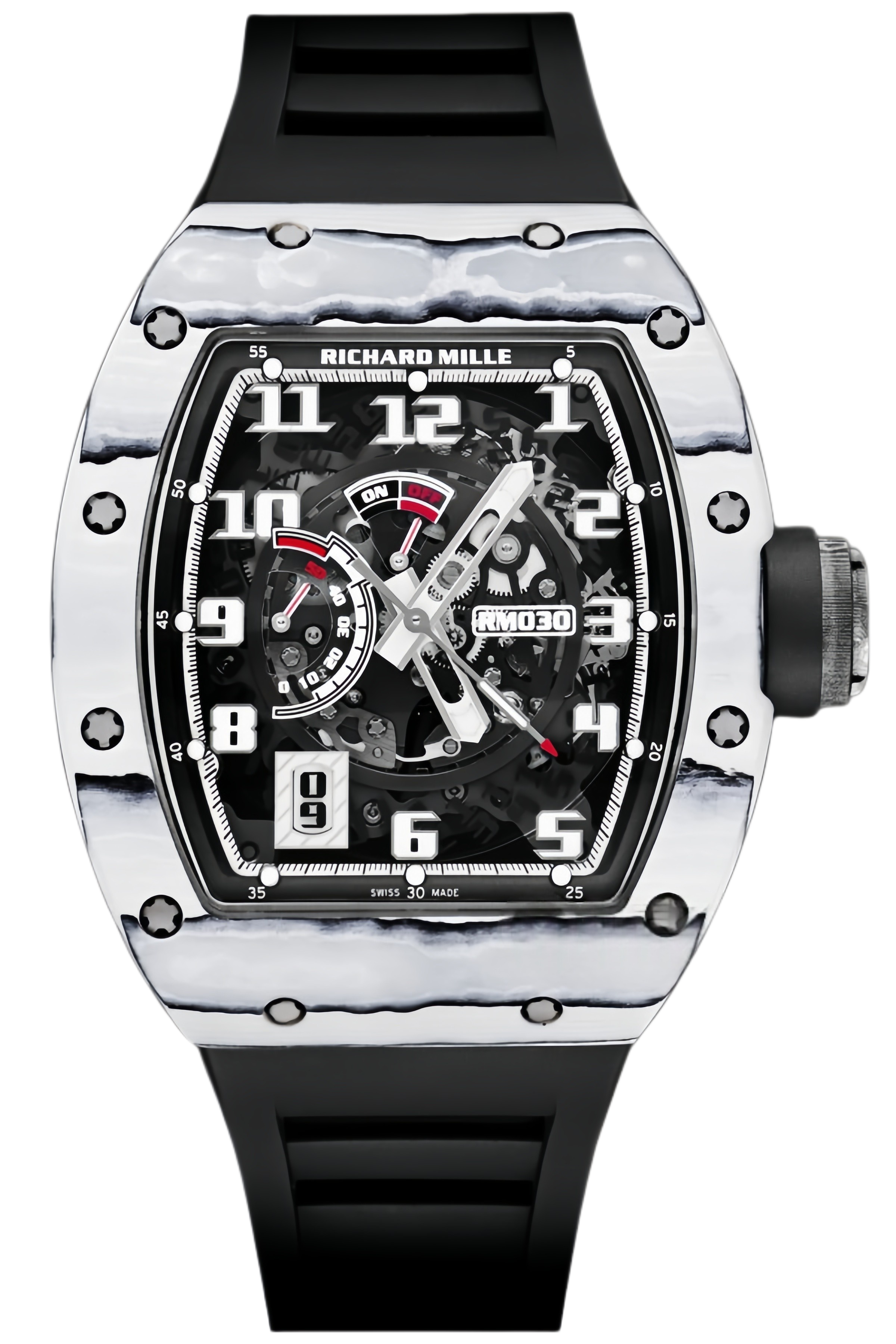 Richard Mille RM 030 White Carbon Fiber Super Clone Watch – Tonneau Skeleton Dial Replica