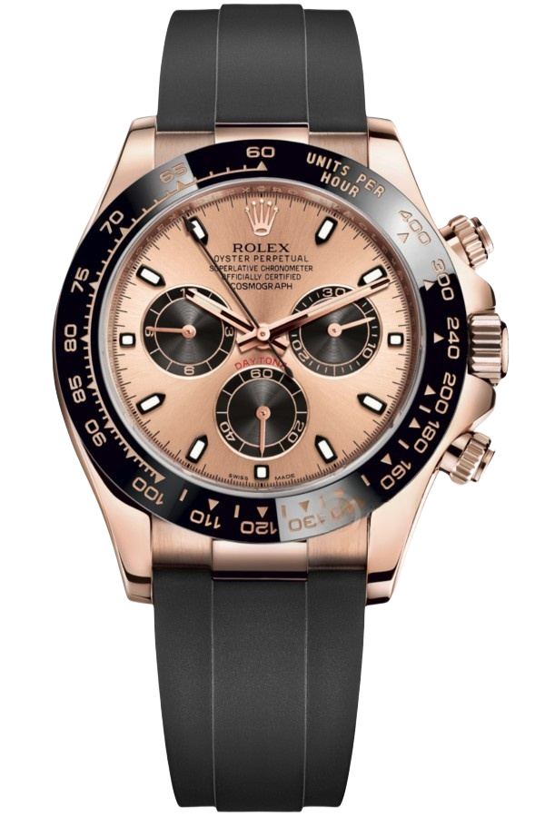 Rolex Daytona 18k Rose Gold Super Clone SwissReplica Watch OysterFlex Rubber Strap Ref 116515LN 4130 Swiss Movement