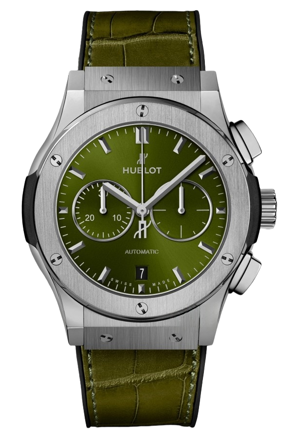 Hublot Classic Fusion Ref. 541.NX.8970.LR Super Clone Watch – Titanium Green Dial Chronograph Leather Strap Fake Replica