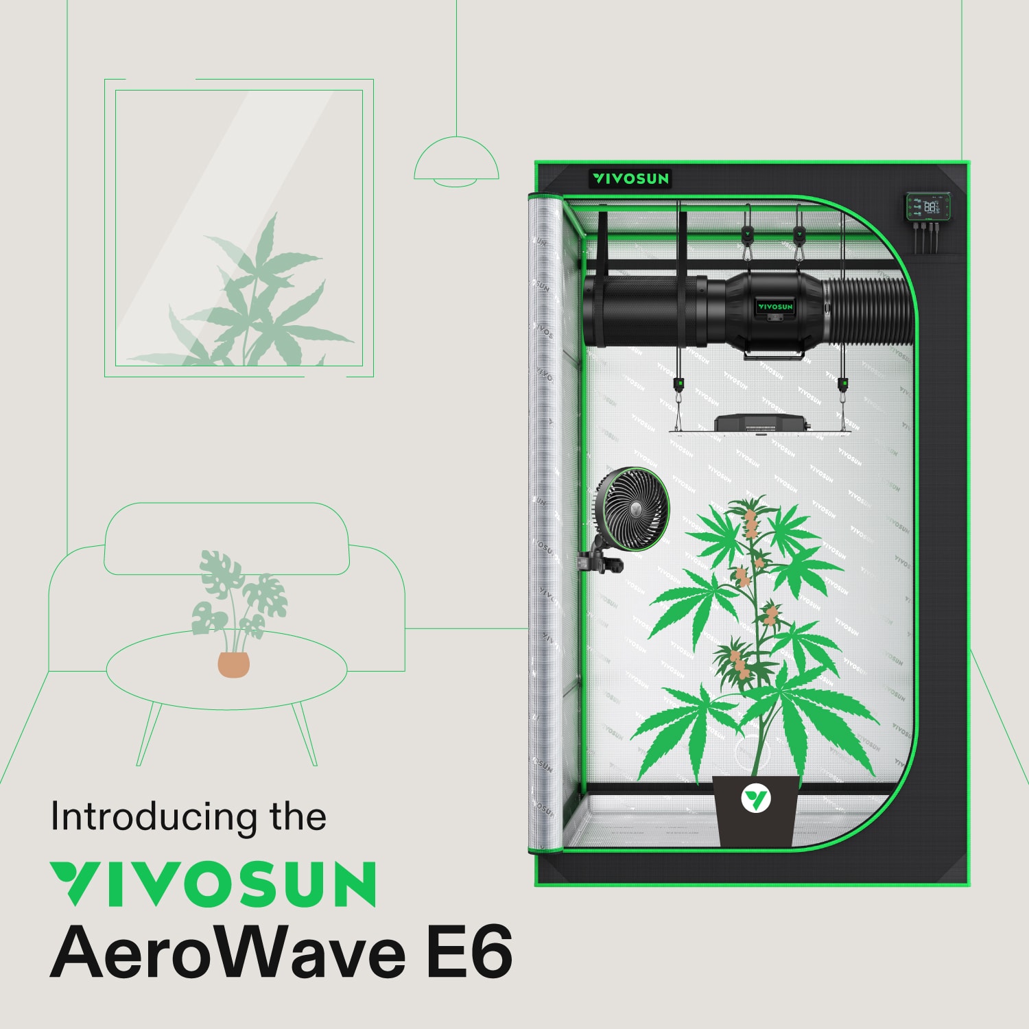 AeroWave E6 Clip-on Fan, EC Motor, Auto Oscillation Fan, Air Circulator For Grow Tent, Green, 2 Pack