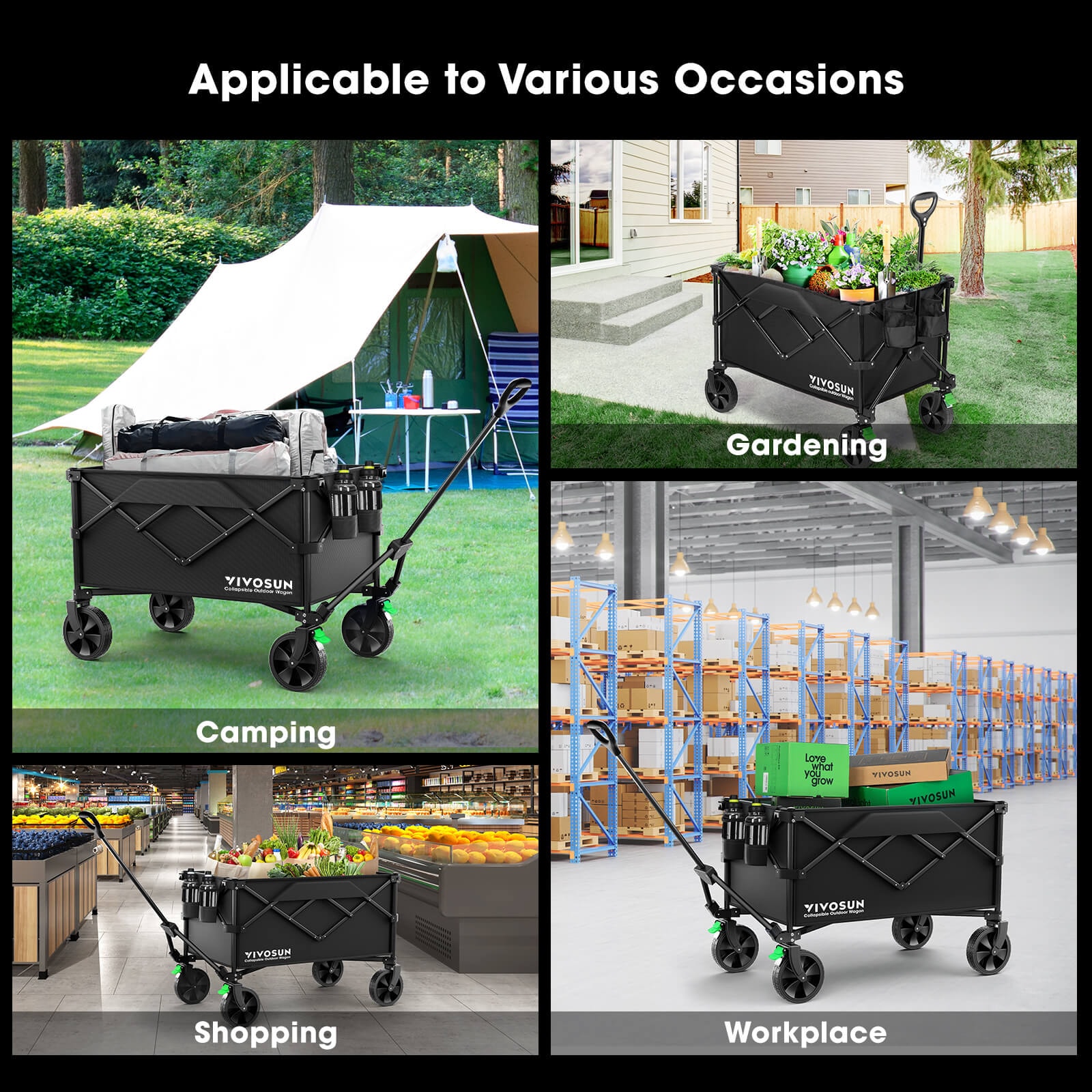 VIVOSUN Heavy Duty Folding Collapsible Wagon Utility Outdoor Camping Cart with Universal Wheels & Adjustable Handle, Red