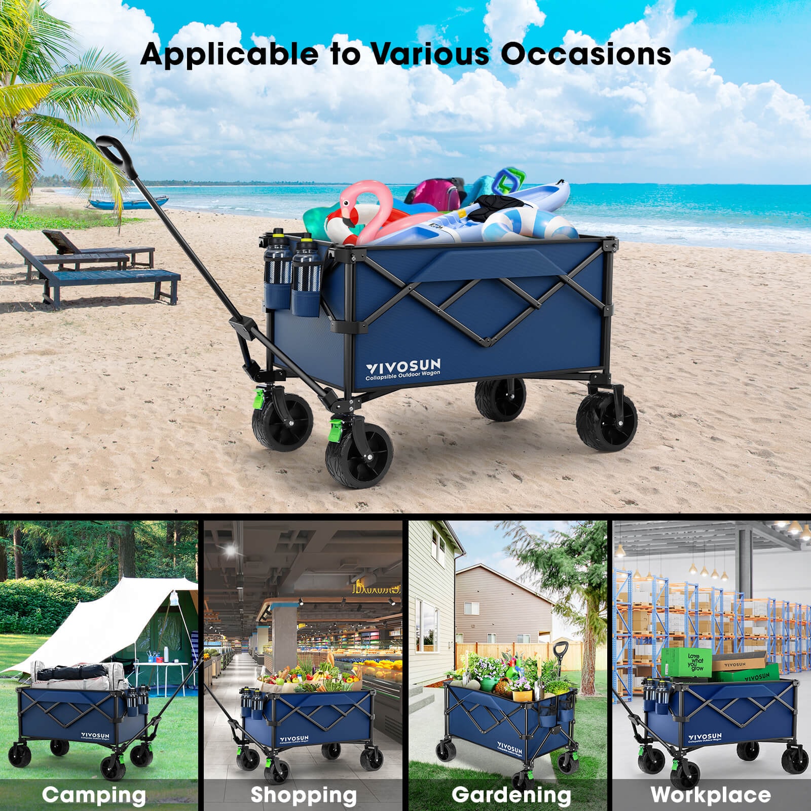 VIVOSUN Folding Collapsible Wagon Utility Outdoor Camping Beach Cart with Universal Wide Wheels & Adjustable Handle, Blue