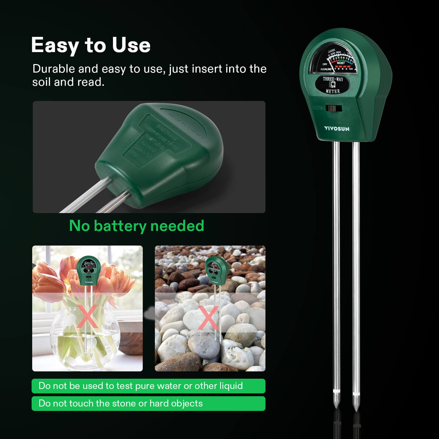 3-in-1 Soil Tester, Plant Moisture, Light & PH Tester