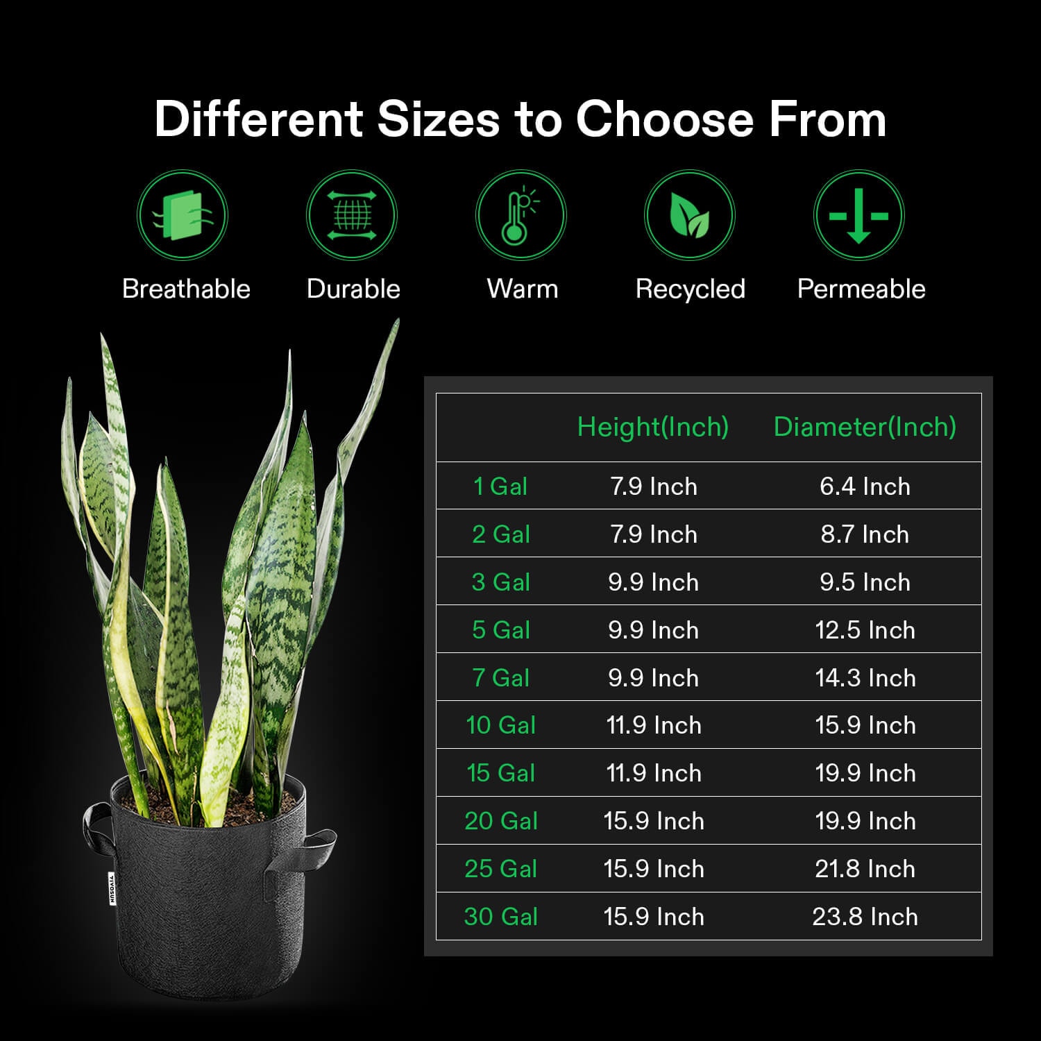 VIVOSUN 1 Gallon Grow Bags 5-Pack Black Thickened Nonwoven Fabric Pots with Handles