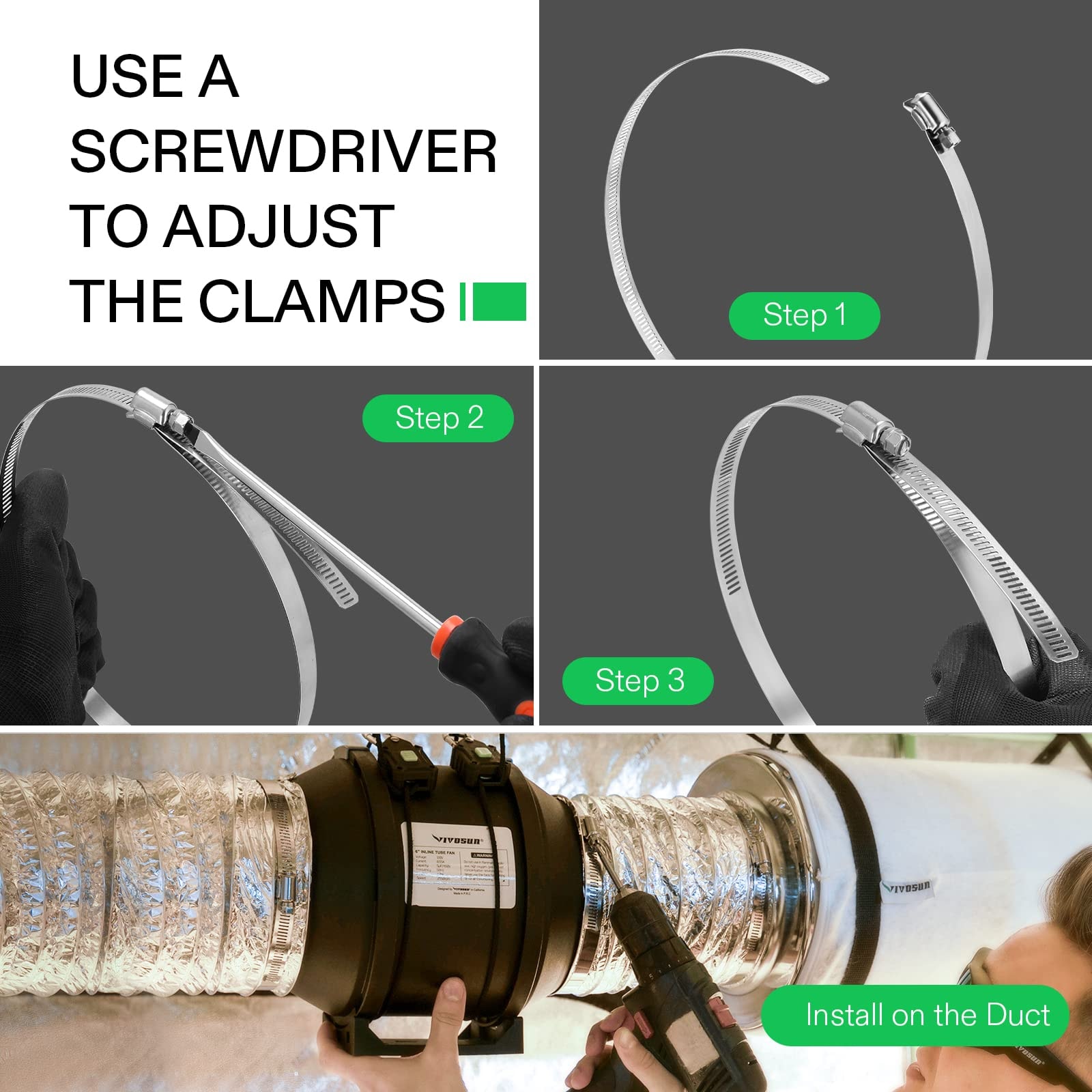 VIVOSUN Stainless Steel Air Ducting Clamps, 4/6/8/12 Inch Adjustable Hose Clamps with Worm Drive for Ducting, Heating, Cooling, Exhaust, and Ventilation (Pack of 2)