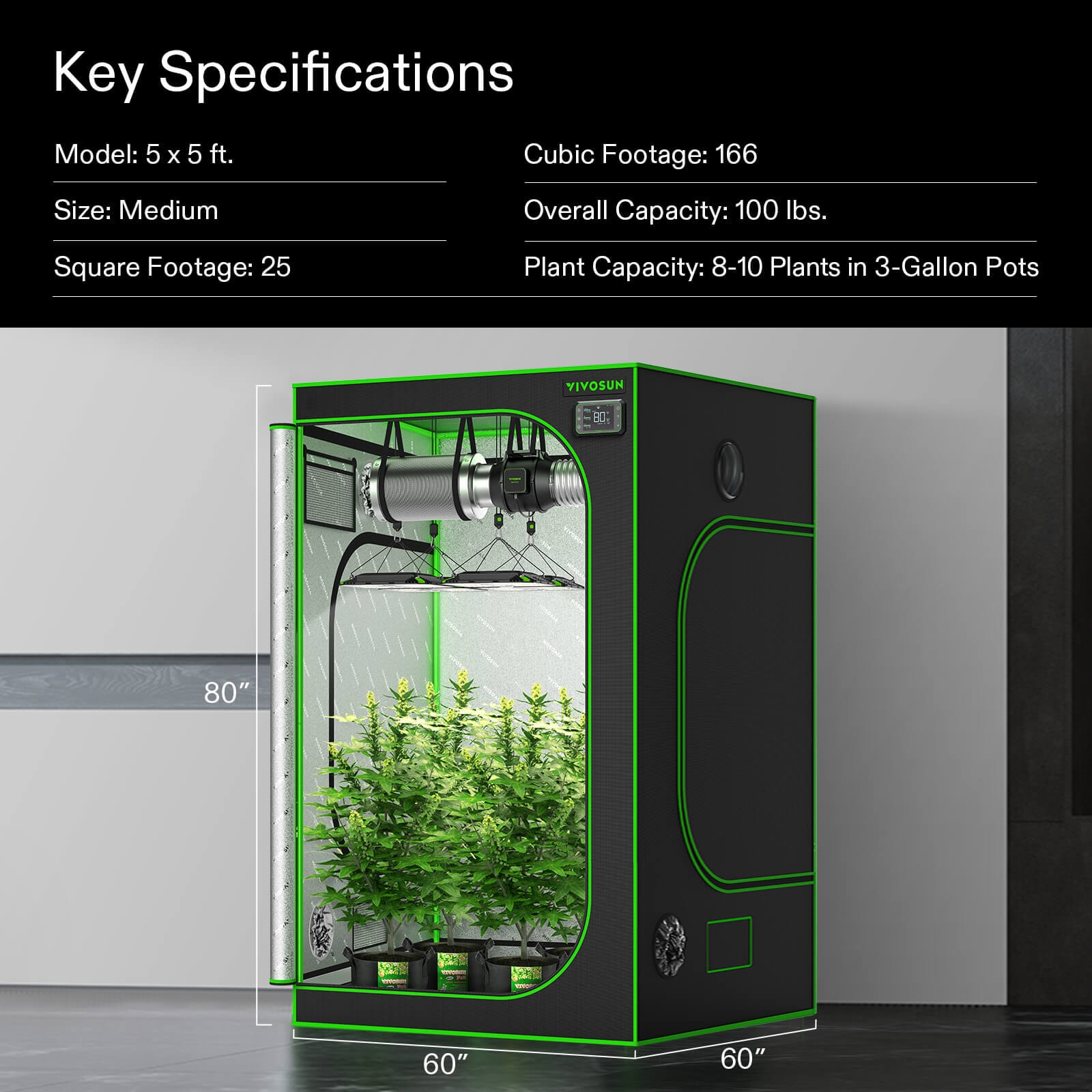 VIVOSUN Standard 5x5 Grow Tent, Advanced Hydroponic Indoor Tent 60" x 60" x 80"