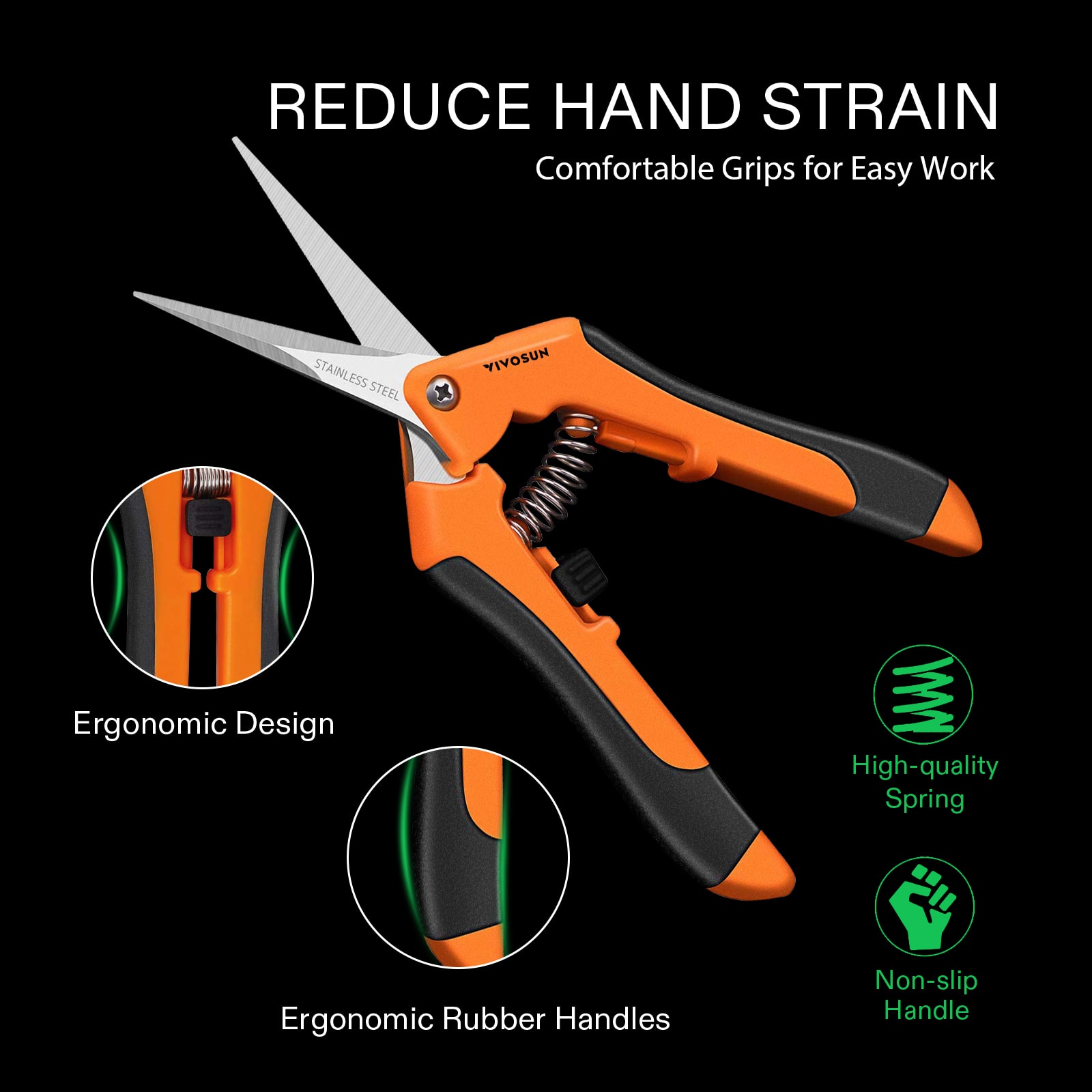 VIVOSUN 6.5 Inch Gardening Scissors Hand Pruner Pruning Shear with Straight Stainless Steel Blades Orange 1-Pack