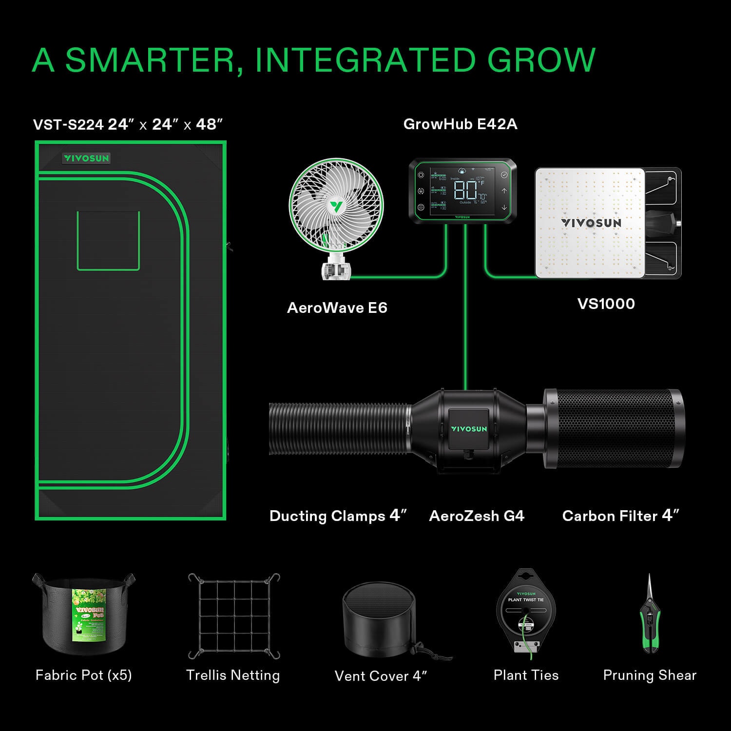 Smart Grow Tent Kit GIY-SGS-105 Lite 10x5, 12-Plant Complete System, with WiFi E42A Controller, 2x 650W VSFD6500 LED Grow Light, and 8-inch AeroZesh G8 Ventilation Combo