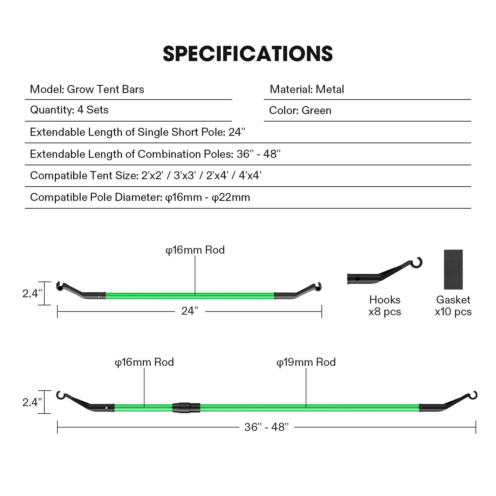 Grow Tent High CFM Kit, Green Pole Range of 24"-48"