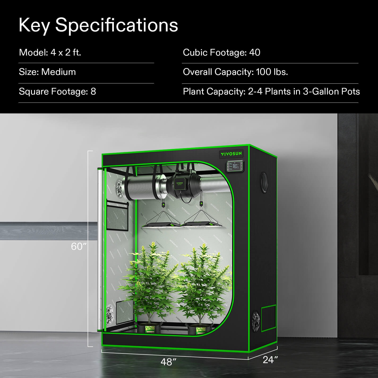 VIVOSUN GIY 4 x 2 ft. Complete Grow Kit Grow Tent Kit Hydroponic Indoor Growing Systemwith VS2000 LED Grow Light, 48" x 24" x 60"