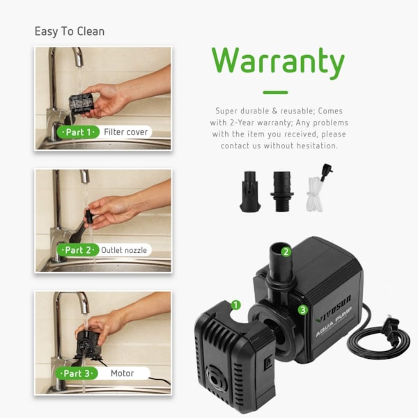 VIVOSUN 210GPH Submersible Pump(800L/H, 8W), Ultra Quiet Water Pump with 3.3ft High Lift, Fountain Pump with 5ft Power Cord, 2 Nozzles for Fish Tank, Pond, Aquarium, Statuary, Hydroponics