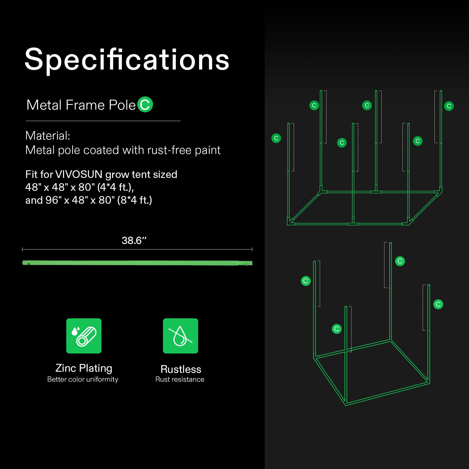 16mm Grow Tent Pole-C or 4*4/8*4 Tent 1-Piece, Only for VIVOSUN Grow Tents