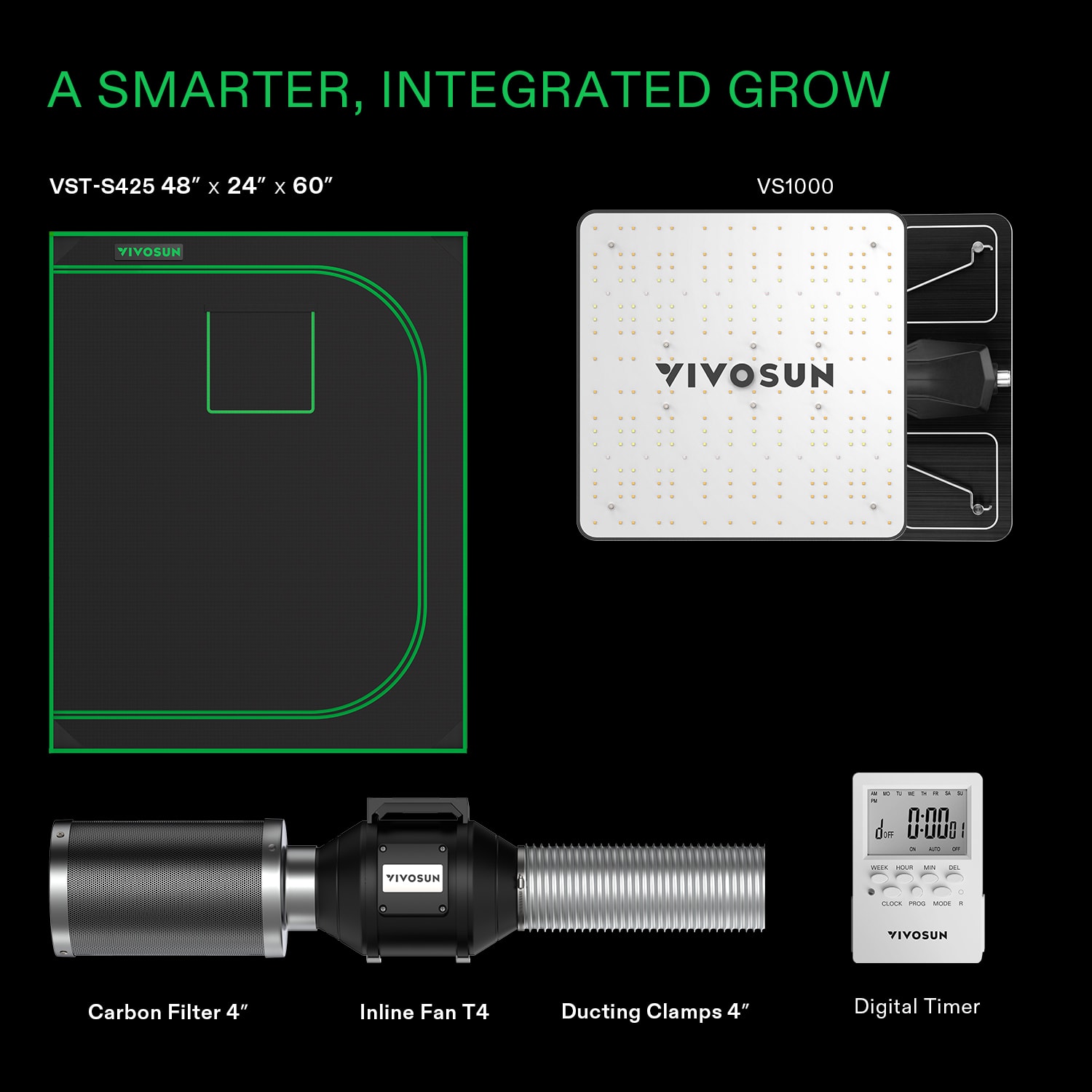 VIVOSUN GIY 4 x 2 ft. Basic Grow Kit Grow Tent Kit Hydroponic Indoor Growing System with VS1000 LED Grow Light, 48" x 24" x 60"