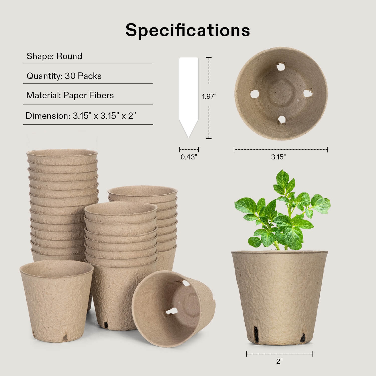 Peat Pots, 60 Packs 3.15-Inch Seed Starting Pots with Drainage Holes