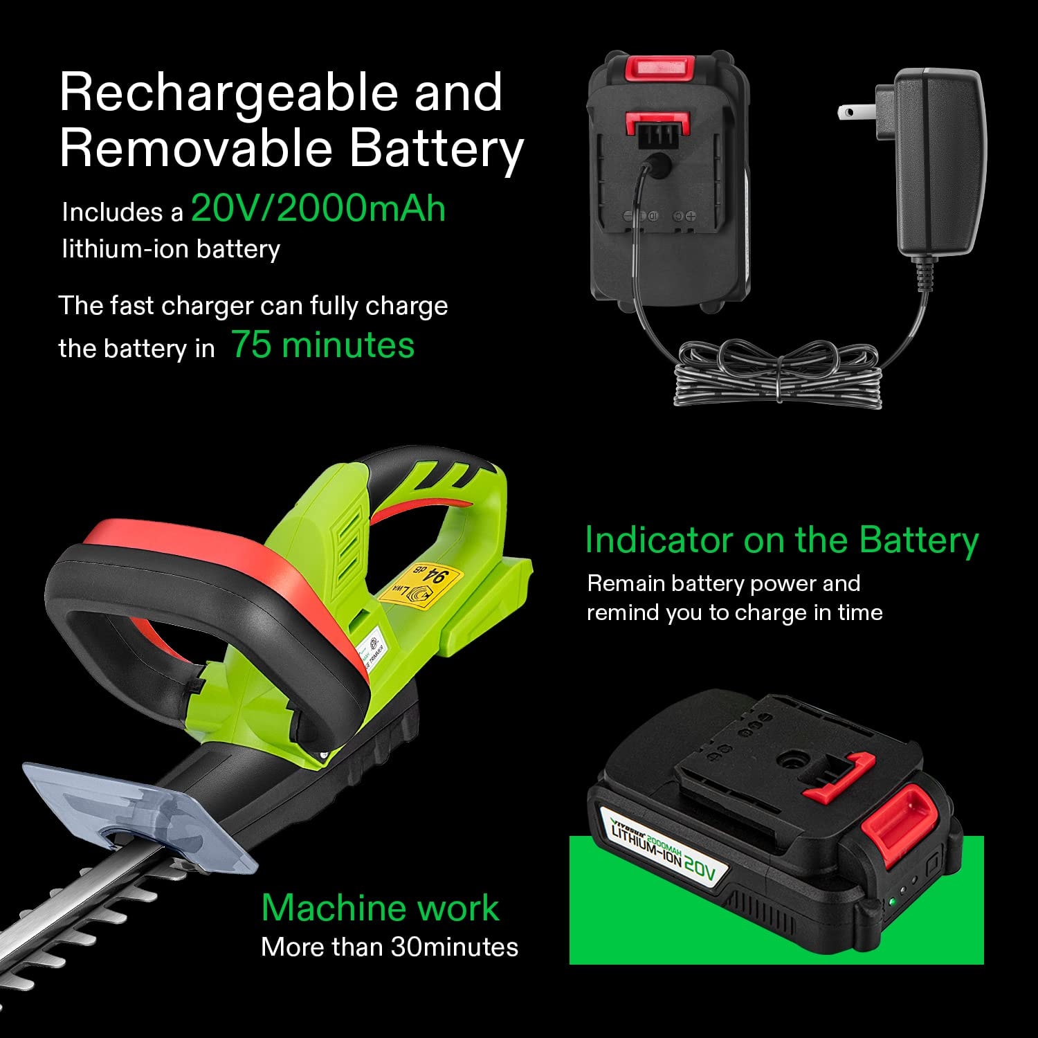 VIVOSUN 20'' Cordless Hedge Trimmer, 20V Electric Bush Trimmer, 1400 RPM Shrub Trimmer, Dual-Action Laser Blade, 3/5” Cutting Capacity, Lightweight & Compact Trimmer, Battery and Fast Charger Included