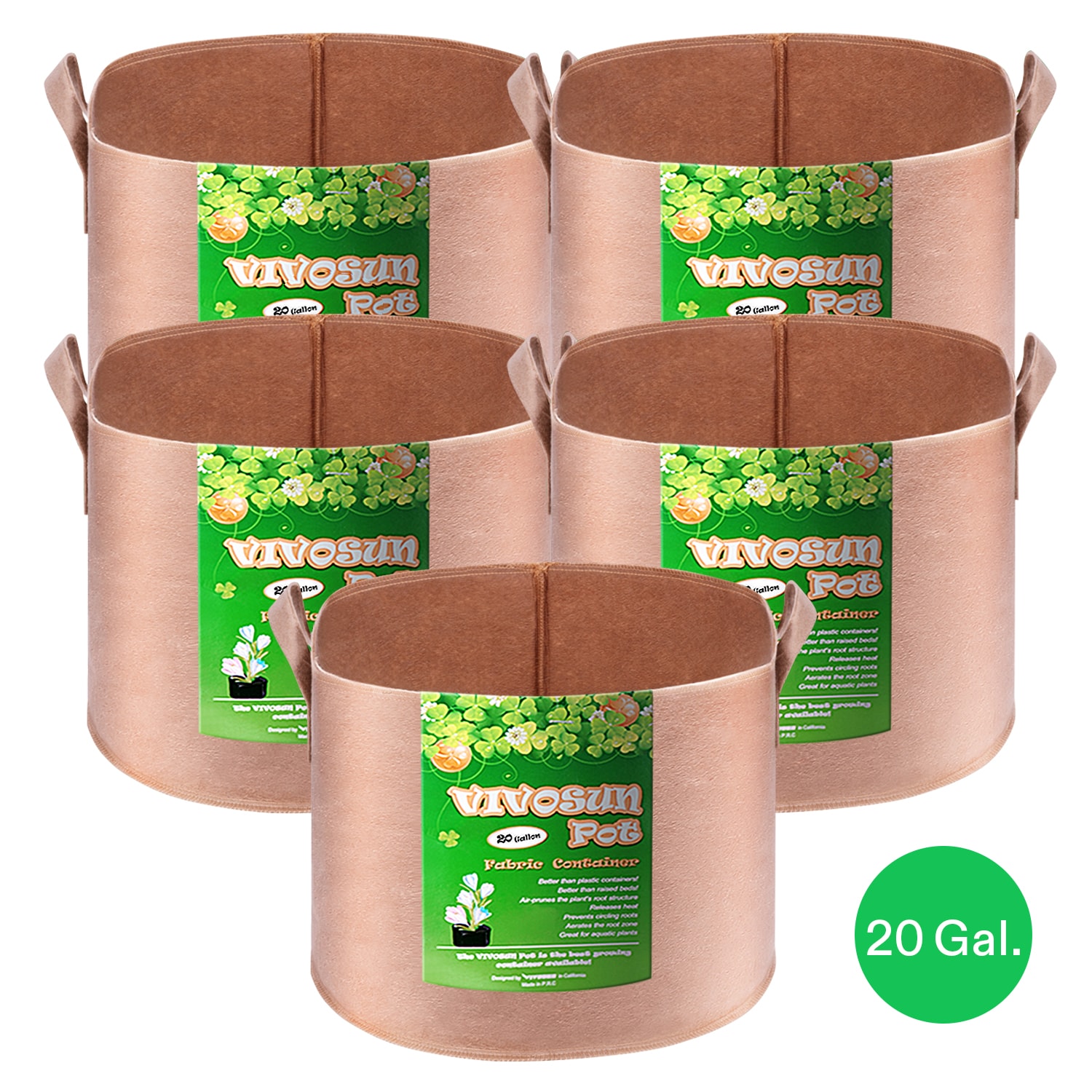 VIVOSUN 5-Pack 15 Gallons Grow Bags Heavy Duty Thickened Nonwoven Fabric Pots with Strap Handles Tan