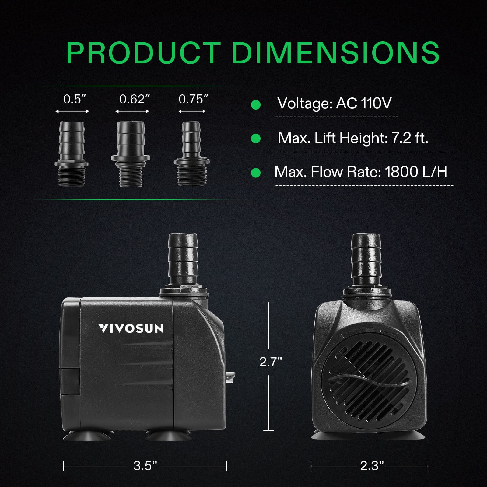 VIVOSUN 480GPH Submersible Pump(1800L/H, 25W), Ultra Quiet Water Pump with 7.2ft High Lift, Fountain Pump with 5ft Power Cord, 3 Nozzles for Fish Tank, Aquarium, Statuary, Hydroponics