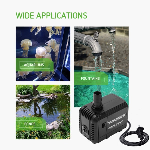 VIVOSUN 400GPH Submersible Pump(1500L/H, 15W), Ultra Quiet Water Pump with 5.2ft High Lift, Fountain Pump with 5ft Power Cord, 3 Nozzles for Fish Tank, Pond, Aquarium, Statuary, Hydroponics