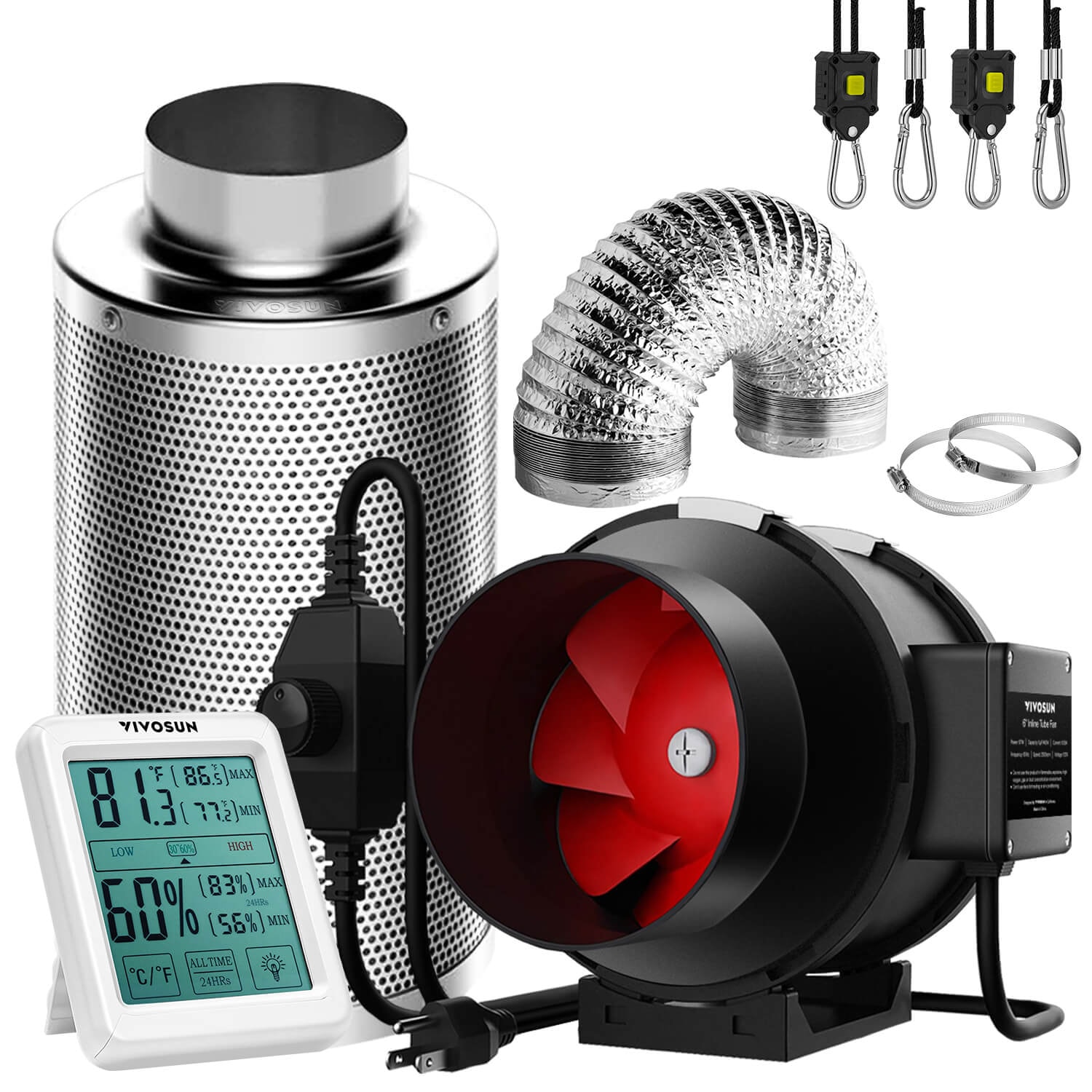 VIVOSUN 4 Inch 190 CFM Inline Fan with Speed Controller, 4 Inch Carbon Filter and 8 Feet of Ducting, Temperature Humidity Monitor for Grow Tent Ventilation