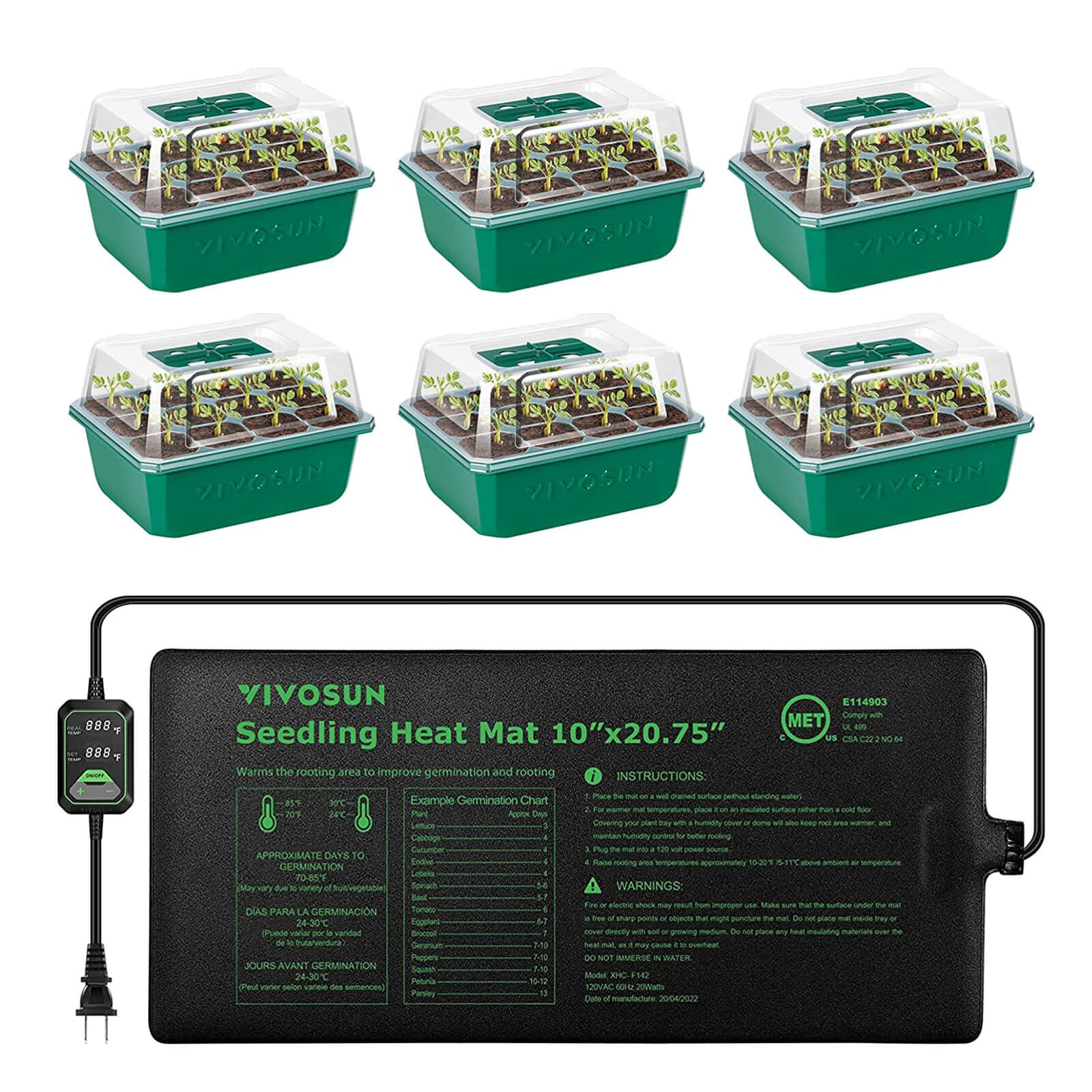 Seedling Combo w/ 10"x20.75" Heat Mat and 6-Pack Seed Starter Trays