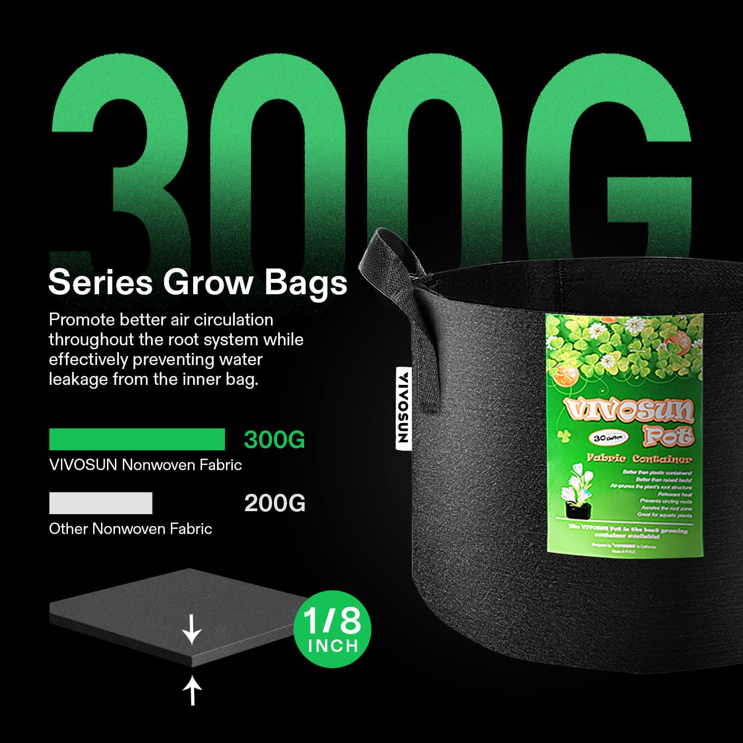 VIVOSUN 1 Gallon Grow Bags 5-Pack Black Thickened Nonwoven Fabric Pots with Handles