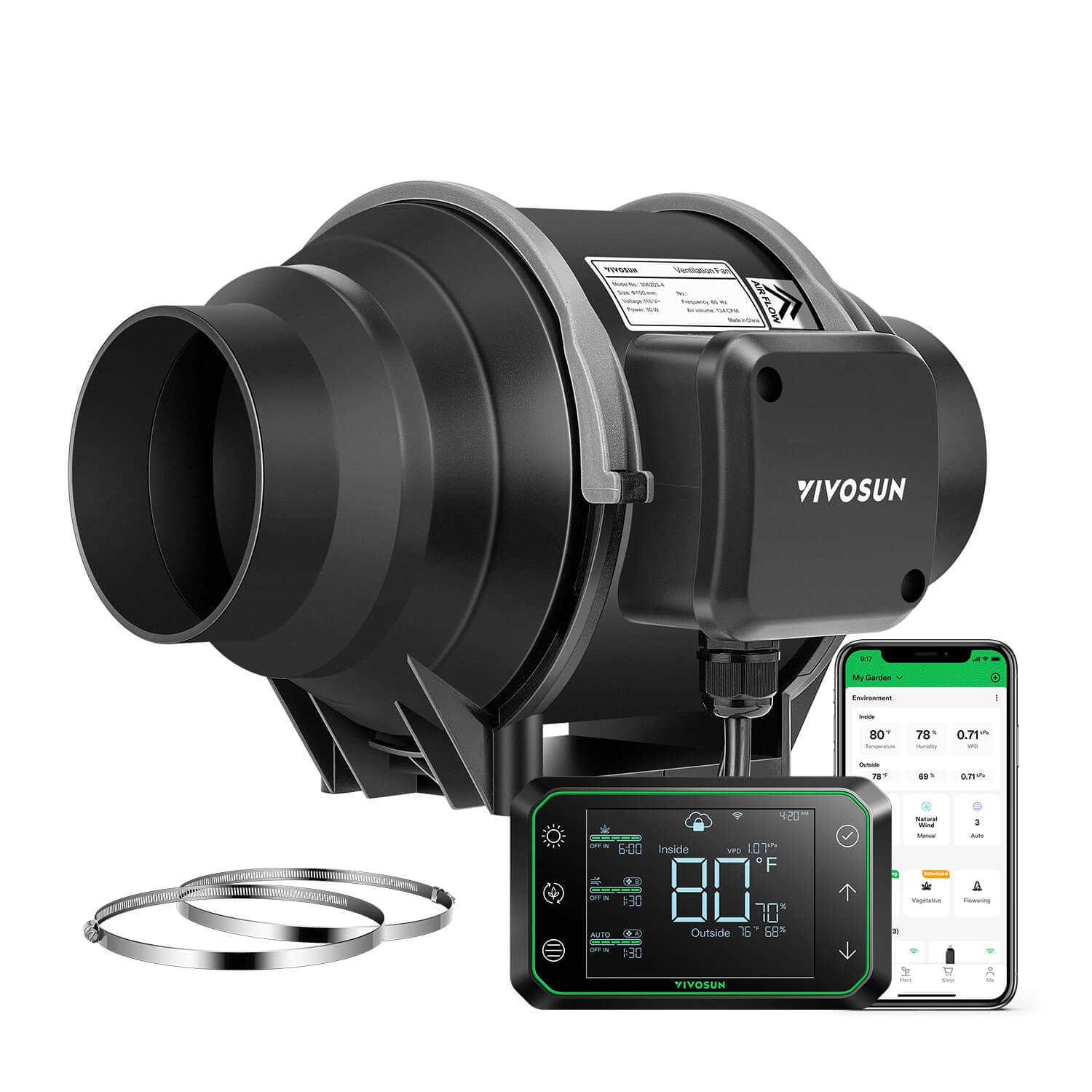 6 Inch Inline Duct Fan and GrowHub E42A, w/EC Motor, Quiet Ventilation Exhaust Fan