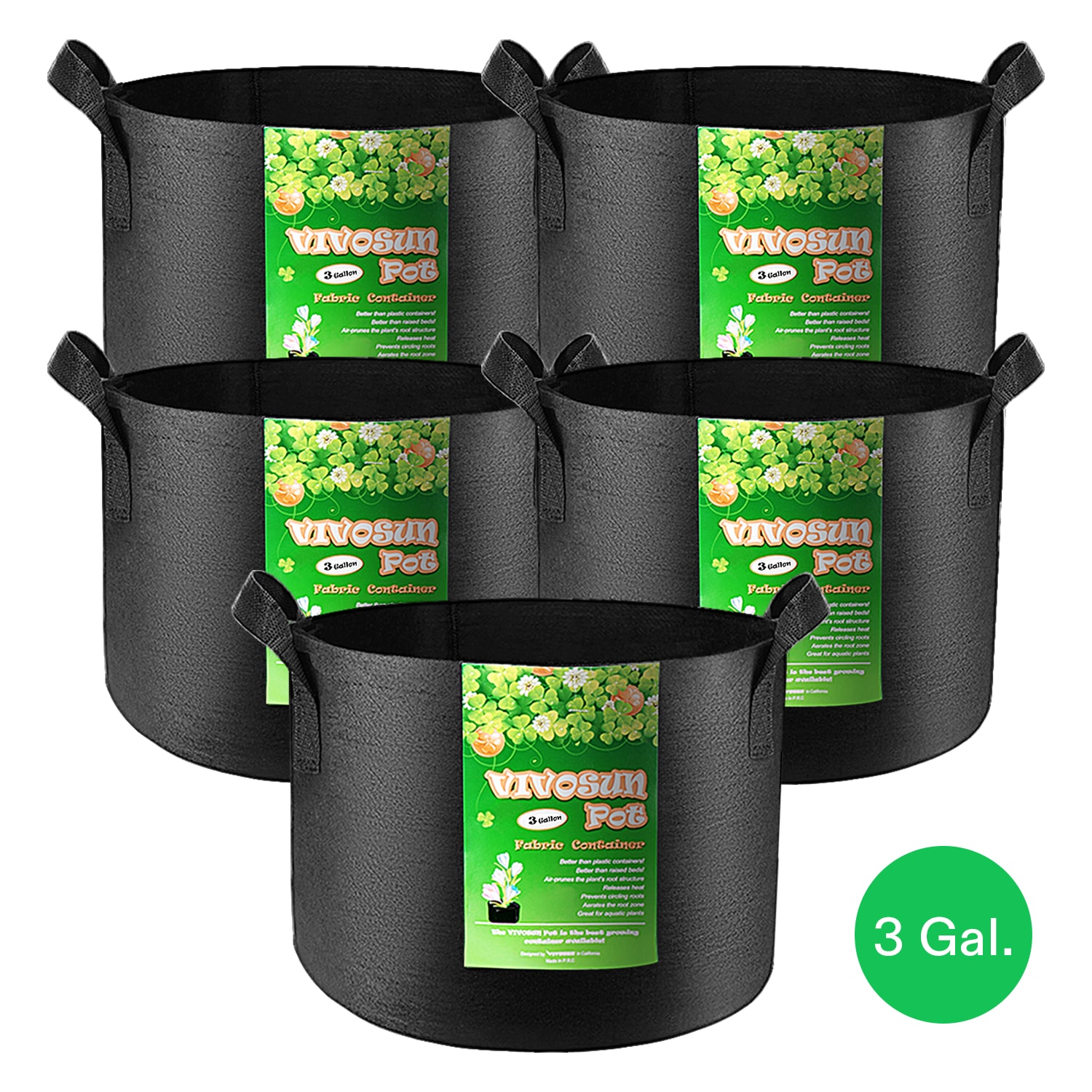 VIVOSUN 1 Gallon Grow Bags 5-Pack Black Thickened Nonwoven Fabric Pots with Handles