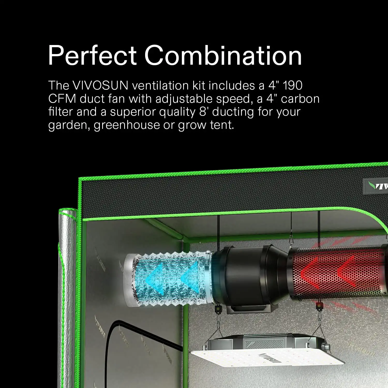 VIVOSUN 8-Inch 720 CFM Inline Duct Fan Kit with Black Carbon Filter and Ducting