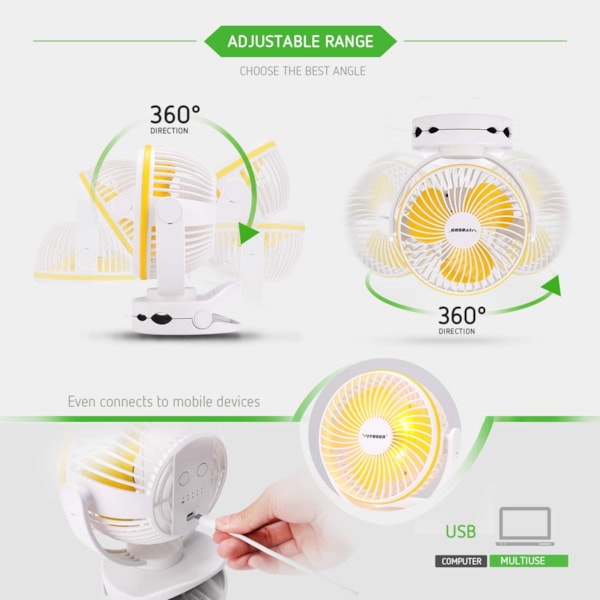VIVOSUN USB Powered Clip on Fan, 4 Speeds & 2 Level Light Adjustable, 6 inch Desk Fan with Strong Airflow, Sturdy Clamp & Hanging Hook for Grow Tent Bedroom Dorm Office Gym Camp Stroller