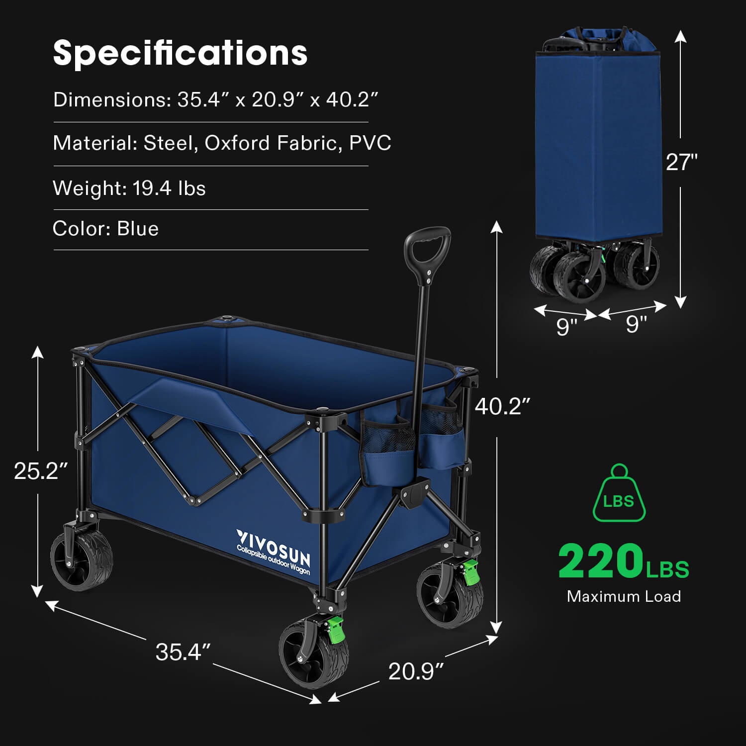 VIVOSUN Folding Collapsible Wagon Utility Outdoor Camping Beach Cart with Universal Wide Wheels & Adjustable Handle, Blue