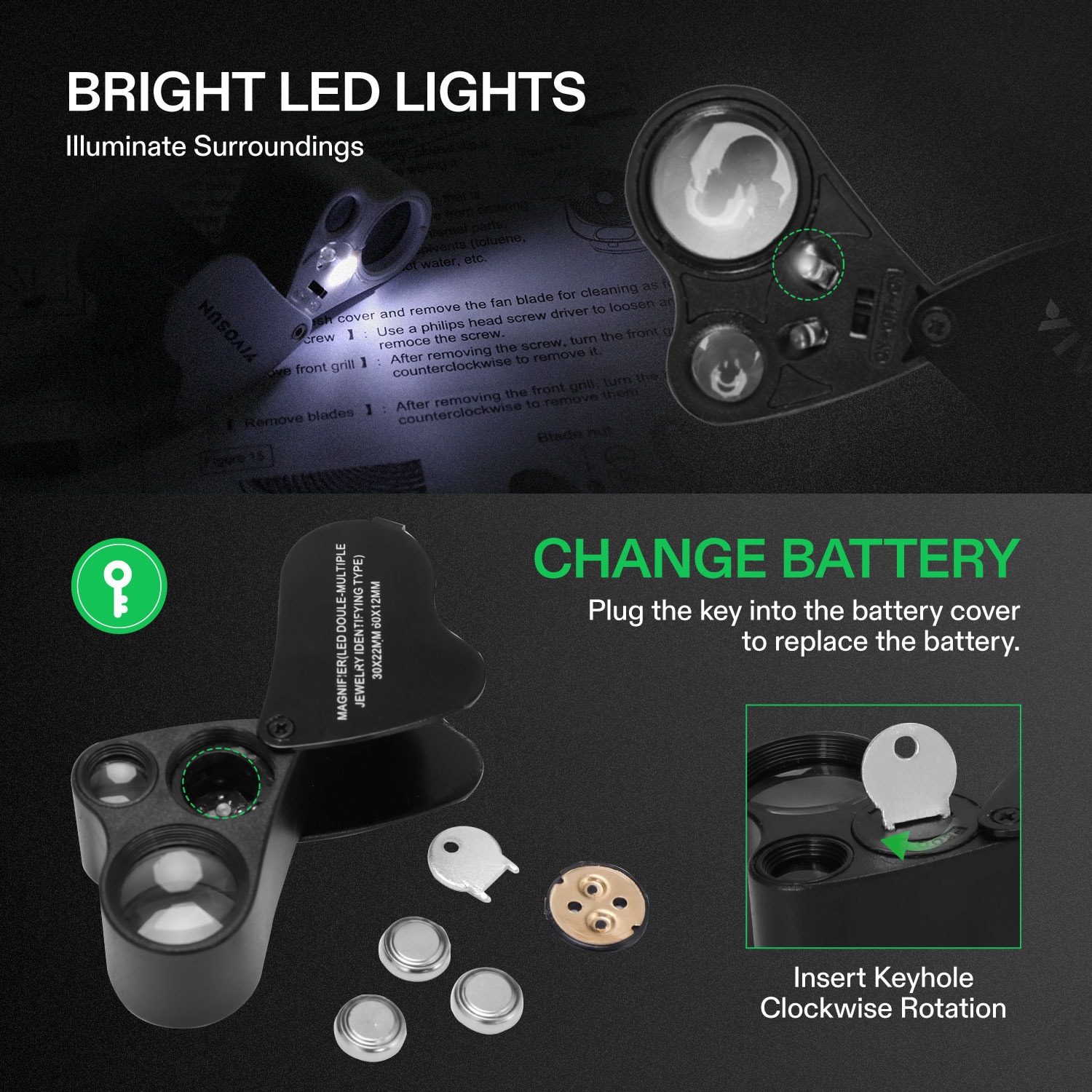 VIVOSUN 30X 60X Illuminated Jewelers Loupe Foldable Magnifier with LED Light for Jewelry Gems Watches Coins Stamps Antiques Black