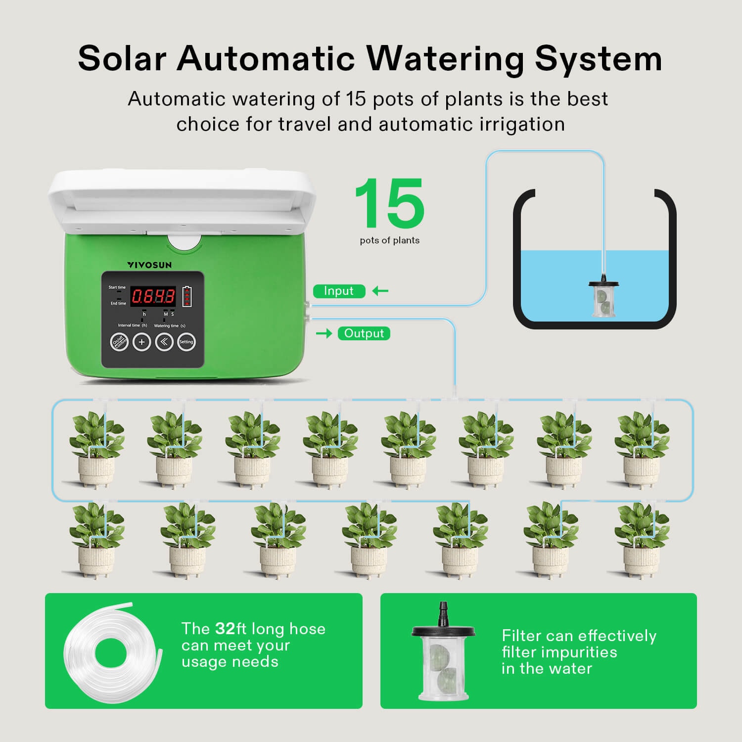 Solar Automatic Drip Irrigation Kits with Timer, 15 Pots Garden Plant Watering System