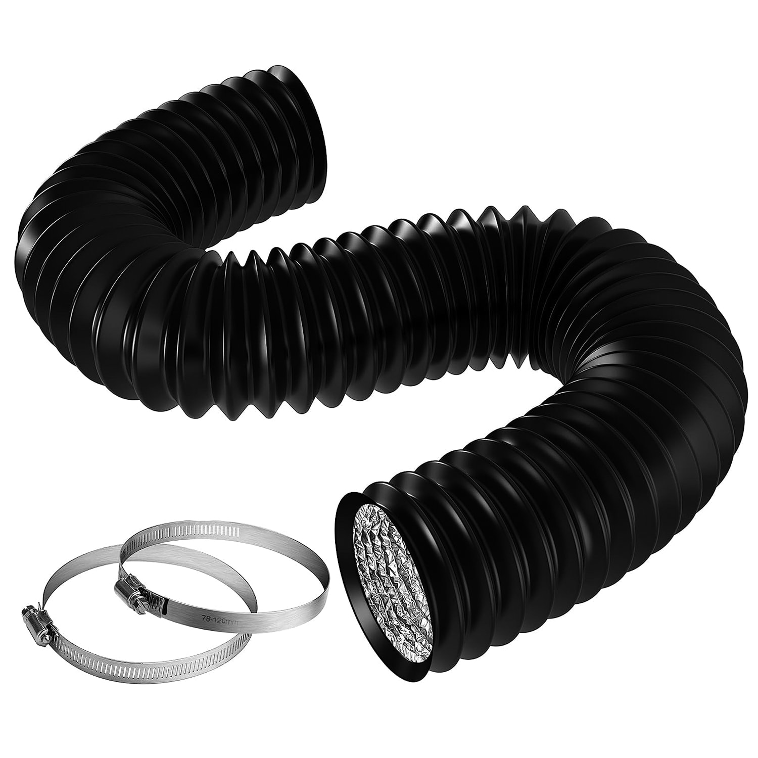 VIVOSUN 6 Inch 8 Feet Black Non-Insulated Flex Air Aluminum Ducting for Ventilation w/ 2pcs 6 Inch Stainless Steel Clamps