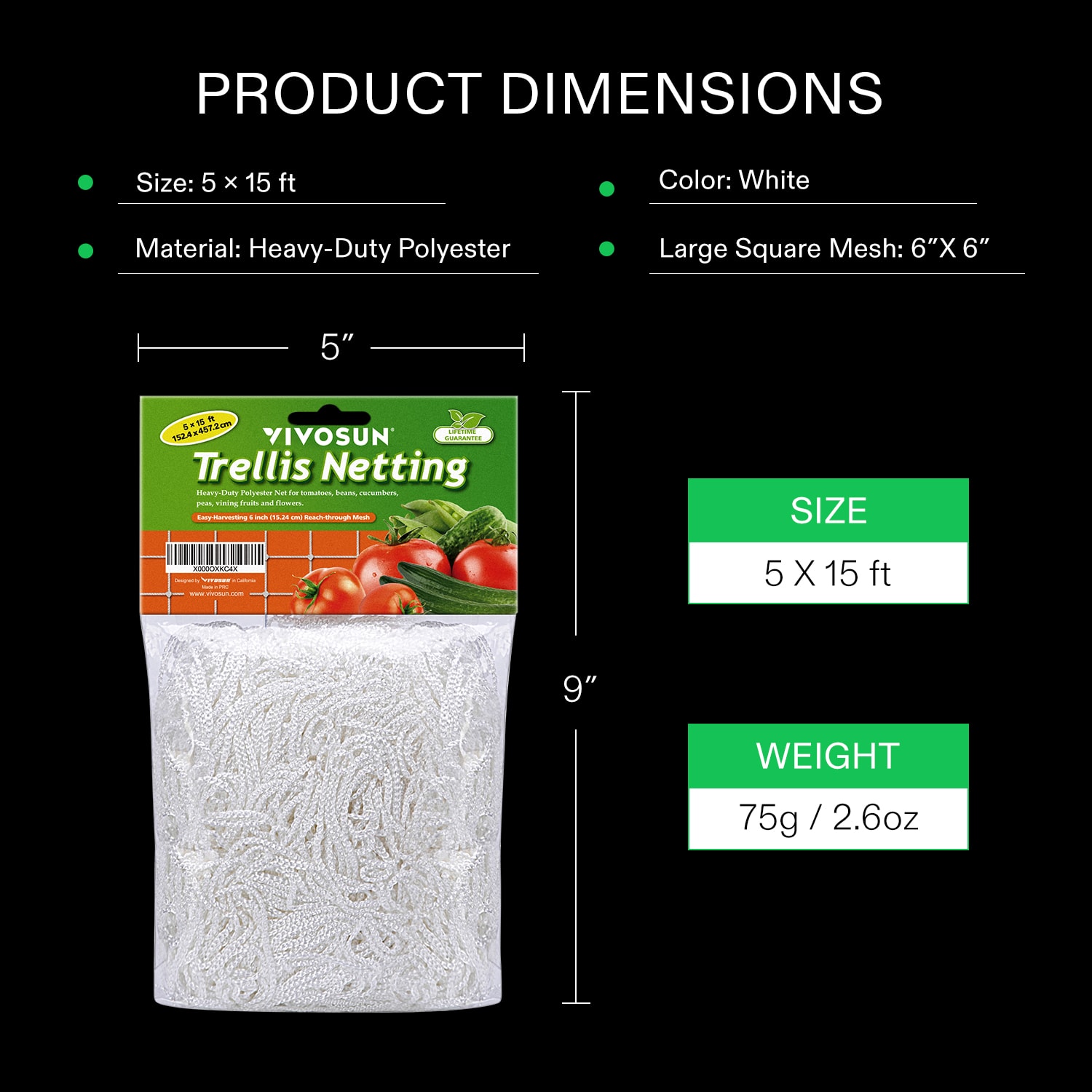 VIVOSUN 5 x 15 ft. Plant Trellis Netting, Heavy-Duty Polyester Grow Net, Garden Trellis Netting with Square Mesh for Climbing Plants, Vegetables, Fruits, and Flowers, 2-Pack