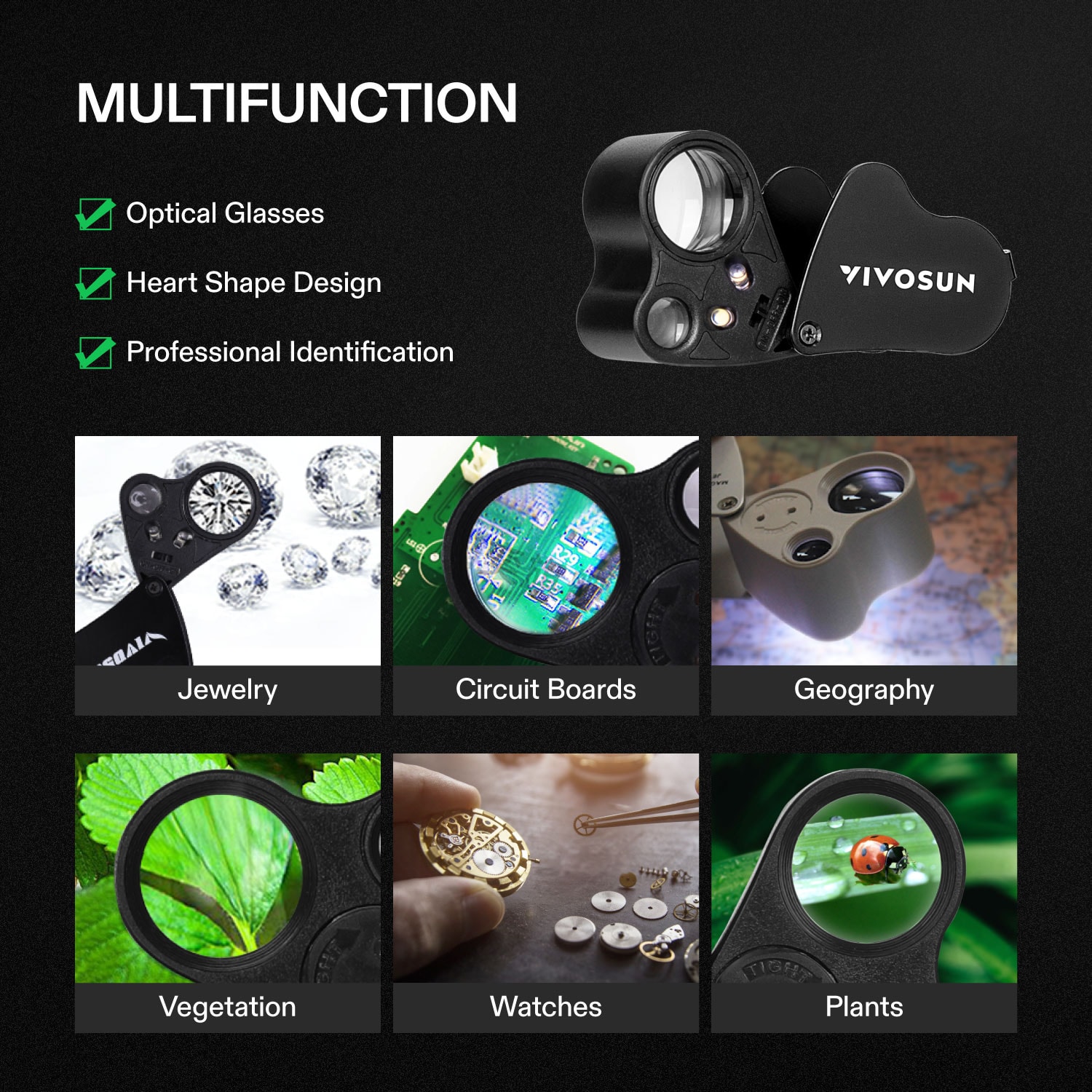 VIVOSUN 30X 60X Illuminated Jewelers Loupe Foldable Magnifier with LED Light for Jewelry Gems Watches Coins Stamps Antiques Black