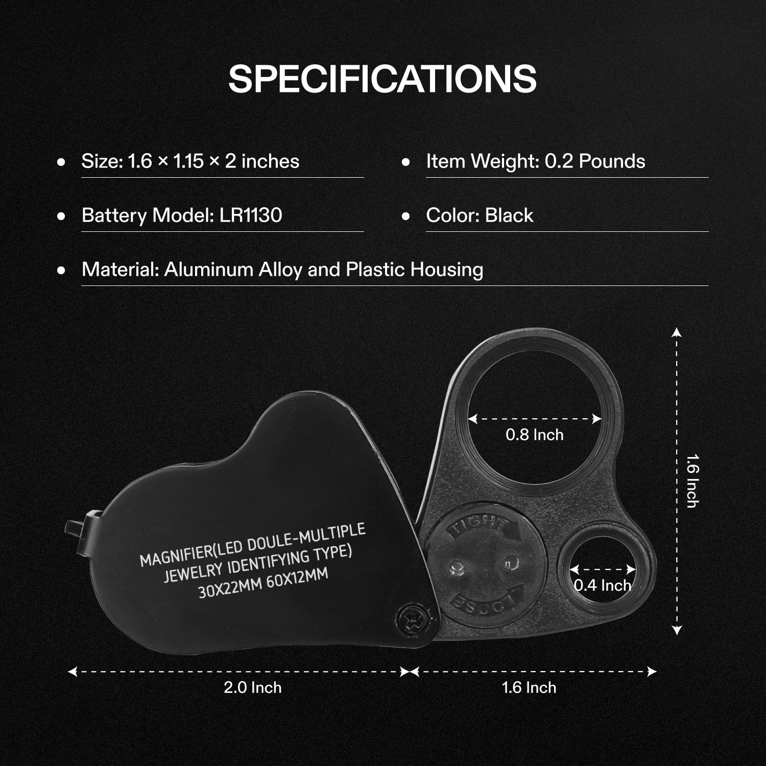 VIVOSUN 30X 60X Illuminated Jewelers Loupe Foldable Magnifier with LED Light for Jewelry Gems Watches Coins Stamps Antiques Black