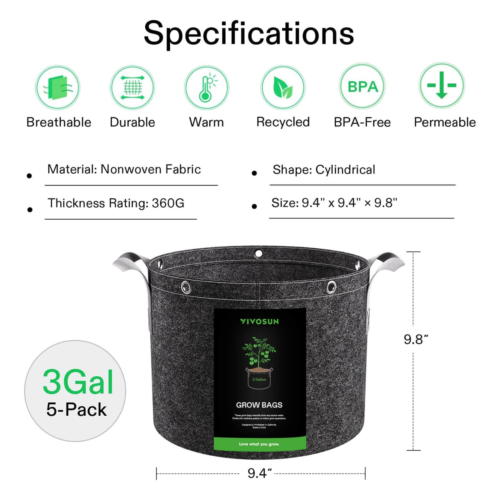 25 Gallon Grow Bags 5-Pack Black Thickened Nonwoven Fabric Pots with Handles, Multi-Purpose Rings