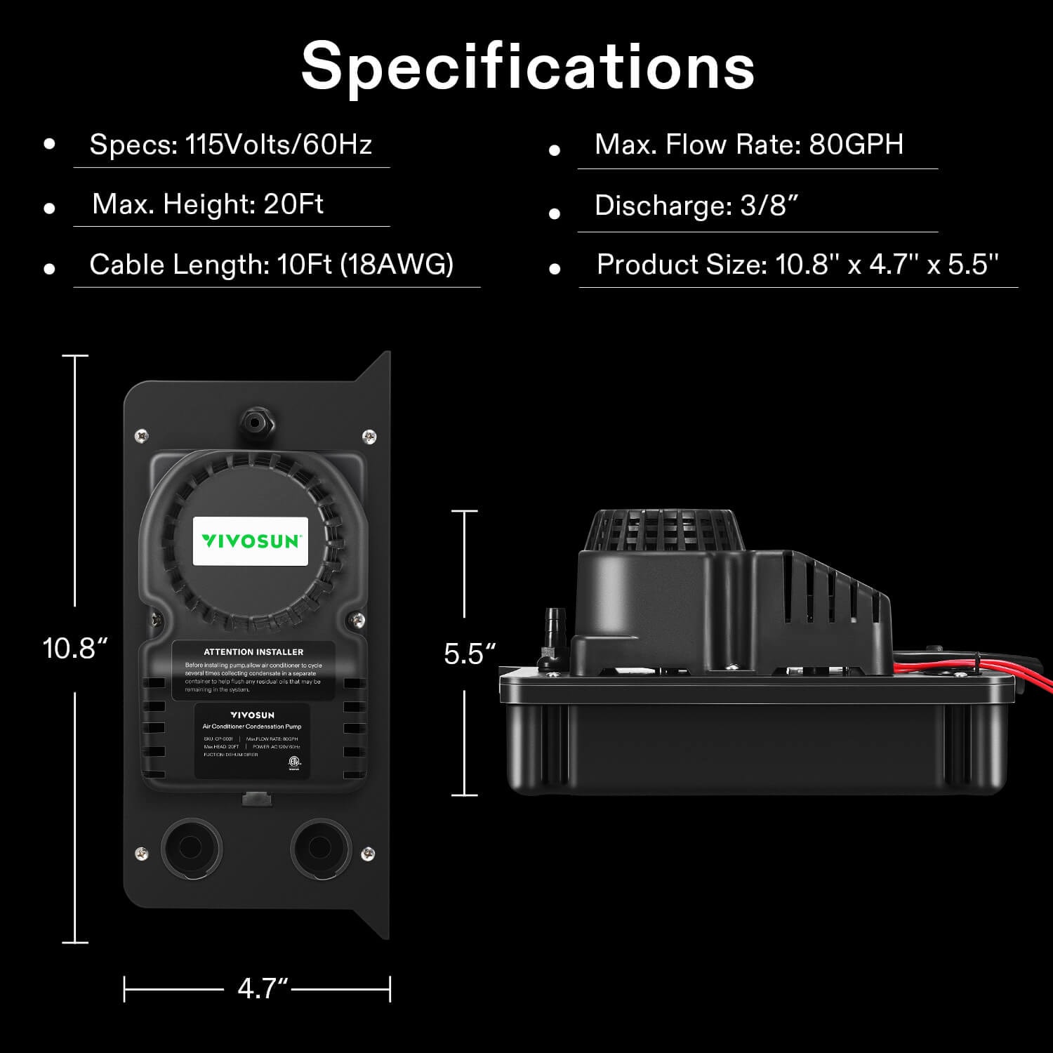 Automatic Condensate Removal Pump, 115Volts/60Hz, 80GPH, 1/30 HP with Safety Switch for Air Conditioners, Dehumidifiers, Ice Machines, Furnaces, Black