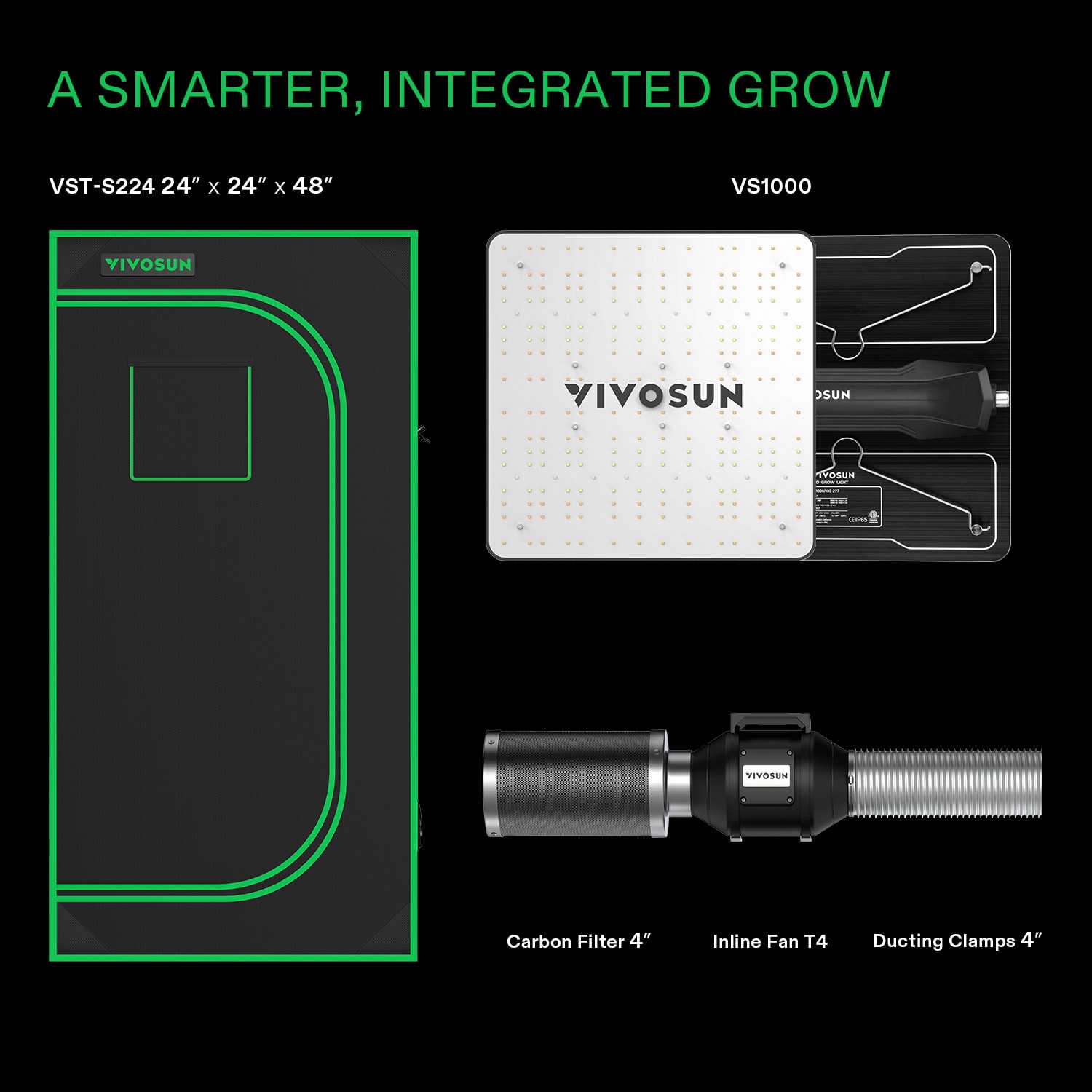 VIVOSUN GIY 2 x 2 ft. Basic Grow Kit with VS1000 LED Grow Light, 190CFM Inline Duct Fan, Carbon Filter