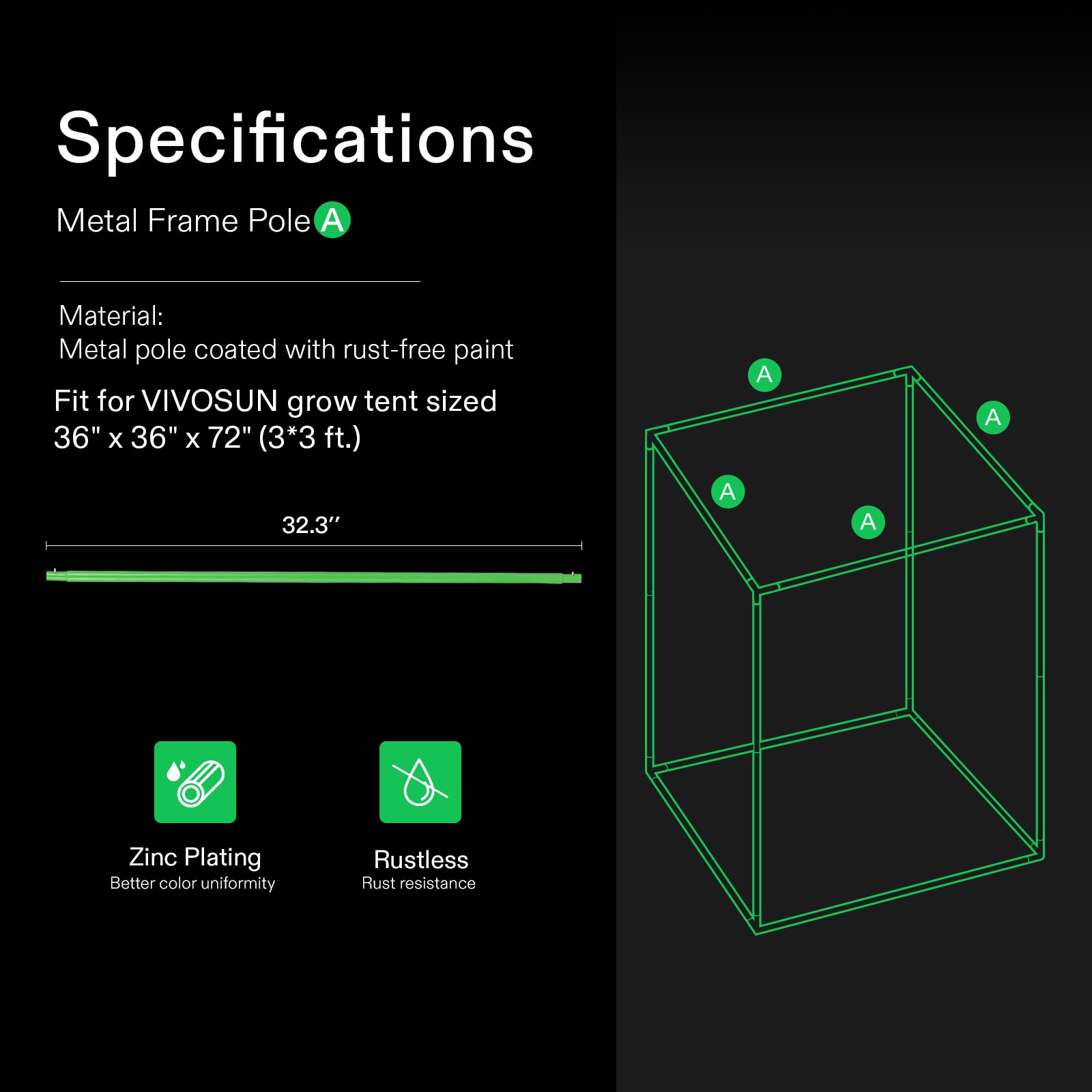 16mm Grow Tent Pole-B for 3*3 Tent 1-Piece, Only for VIVOSUN Grow Tents