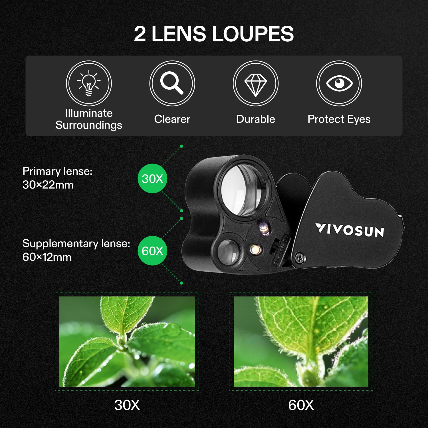 VIVOSUN 30X 60X Illuminated Jewelers Loupe Foldable Magnifier with LED Light for Jewelry Gems Watches Coins Stamps Antiques Black