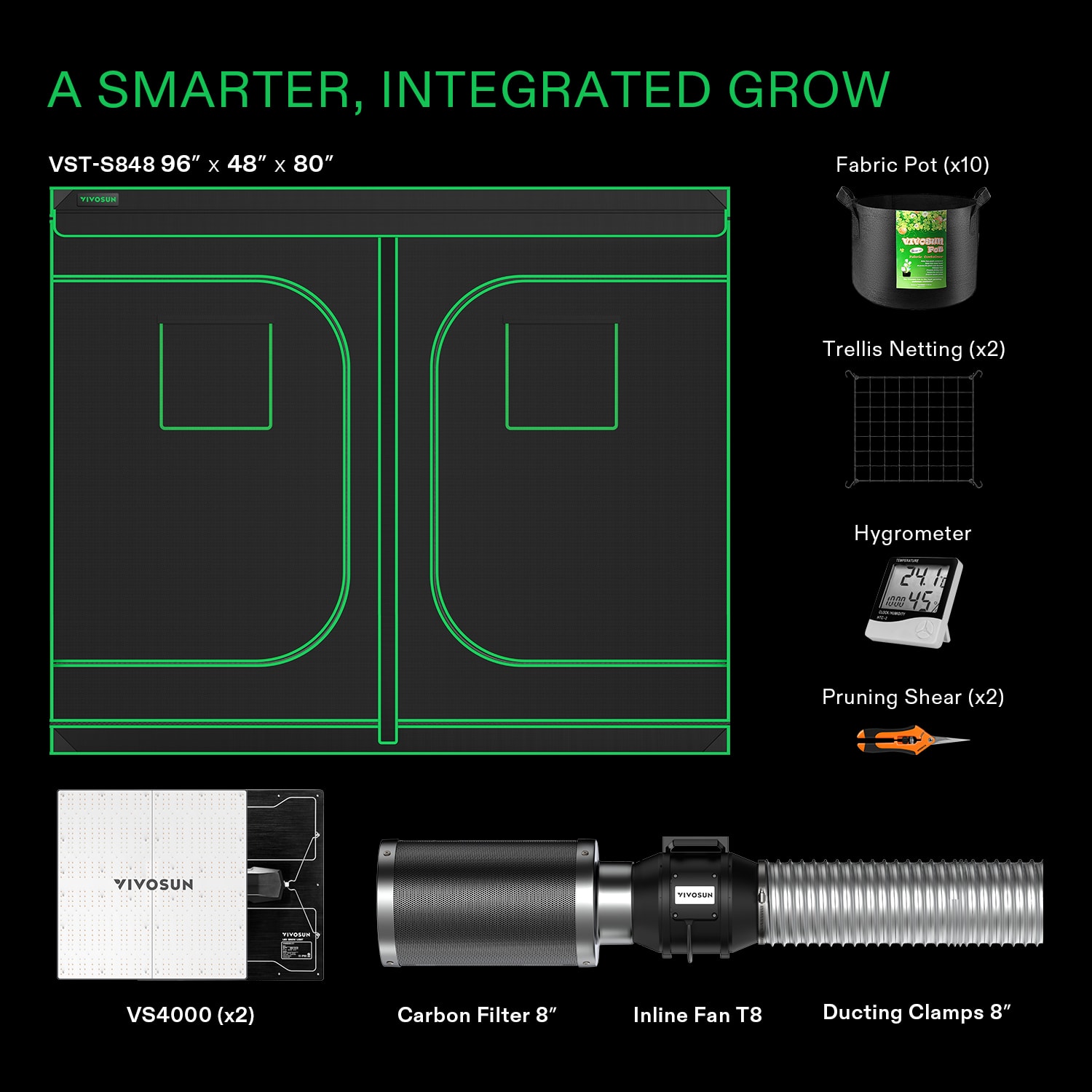 VIVOSUN GIY 8 x 4 ft. Complete Grow Kit with 2x VS4000 LED Grow Light, 96" x 48" x 80"
