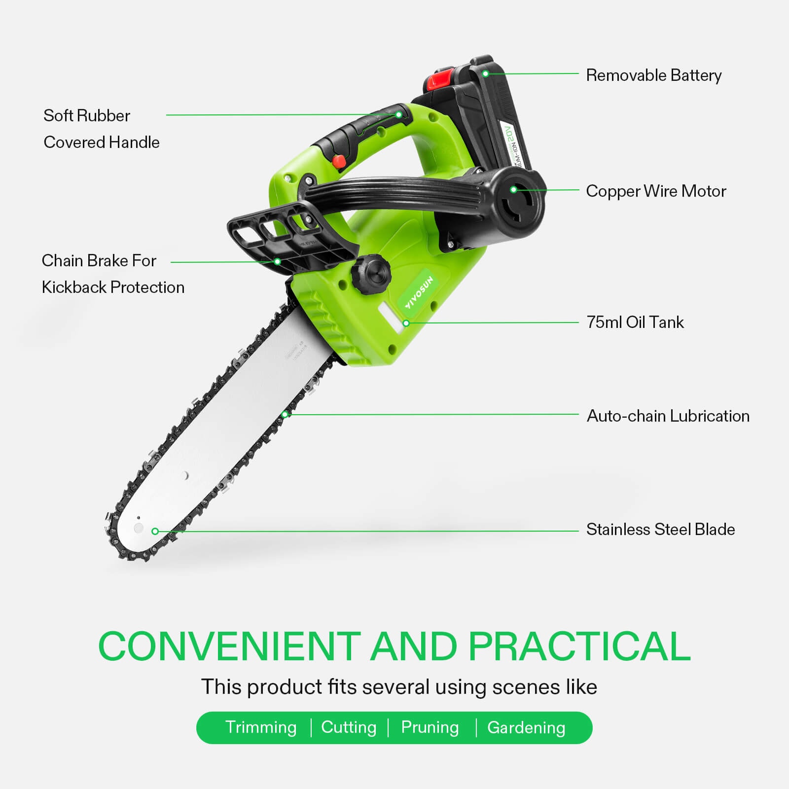 10" Cordless Chainsaw with 2Pcs 20V Rechargeable 2000mAh Batteries and Fast Charger