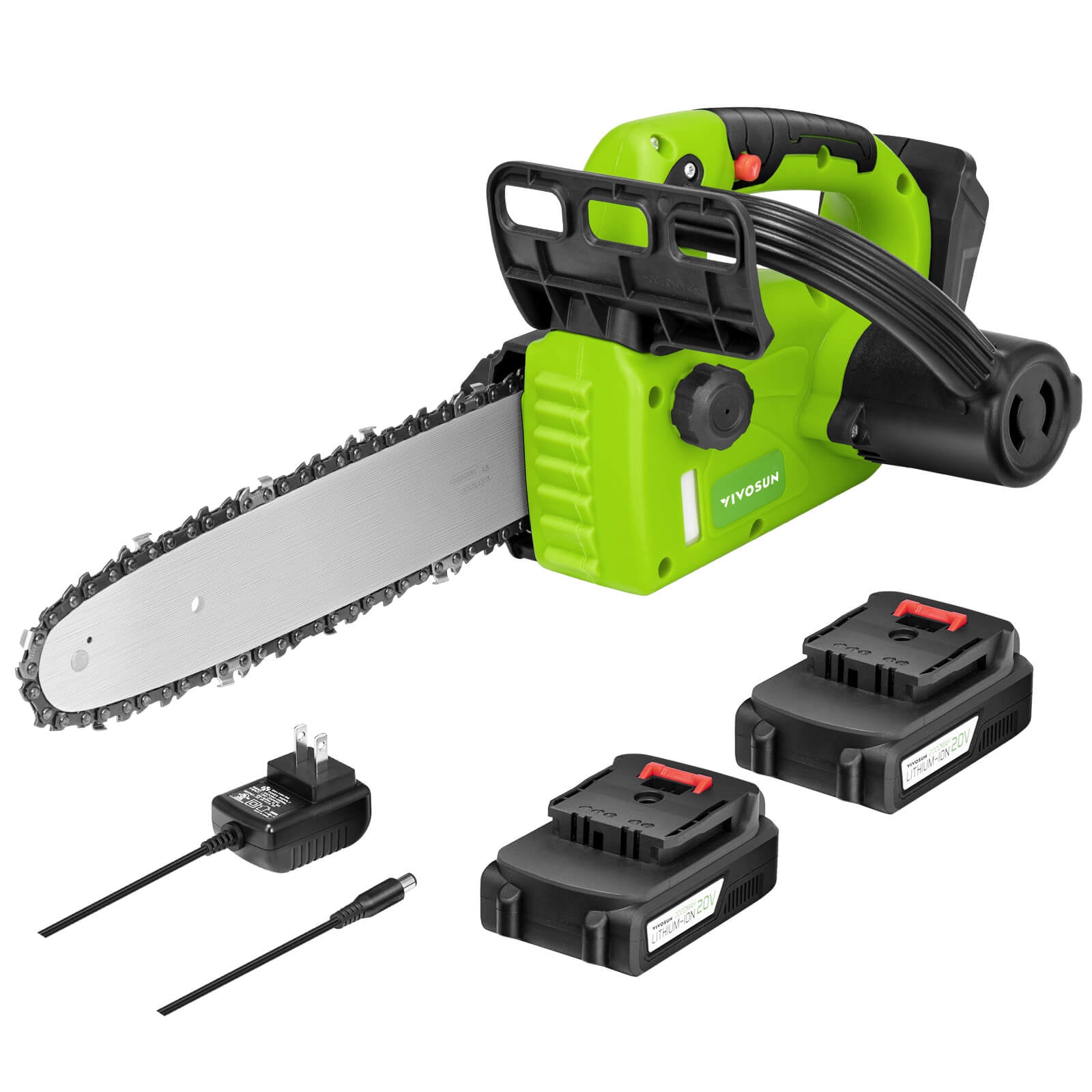 10" Cordless Chainsaw with 2Pcs 20V Rechargeable 2000mAh Batteries and Fast Charger