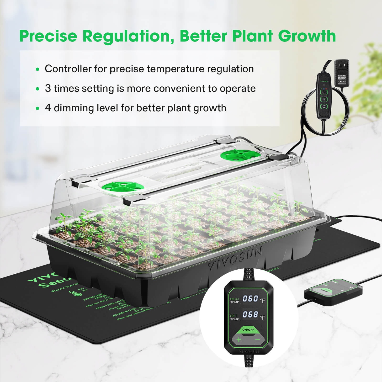 1-Pack 40-Cell Seed Starter Trays with 1 Set of LED Lights and 10"x20.75" Seedling Heat Mat