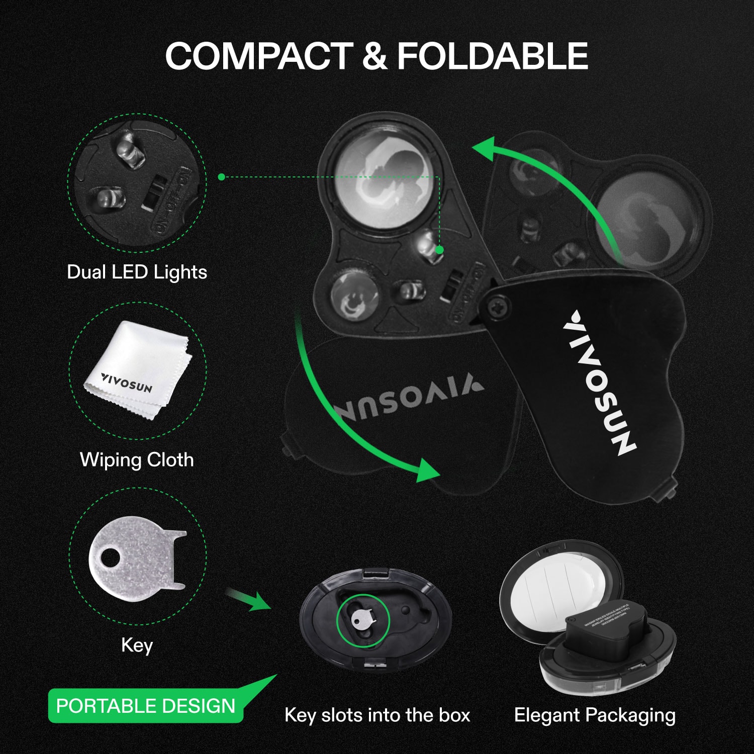 VIVOSUN 30X 60X Illuminated Jewelers Loupe Foldable Magnifier with LED Light for Jewelry Gems Watches Coins Stamps Antiques Black