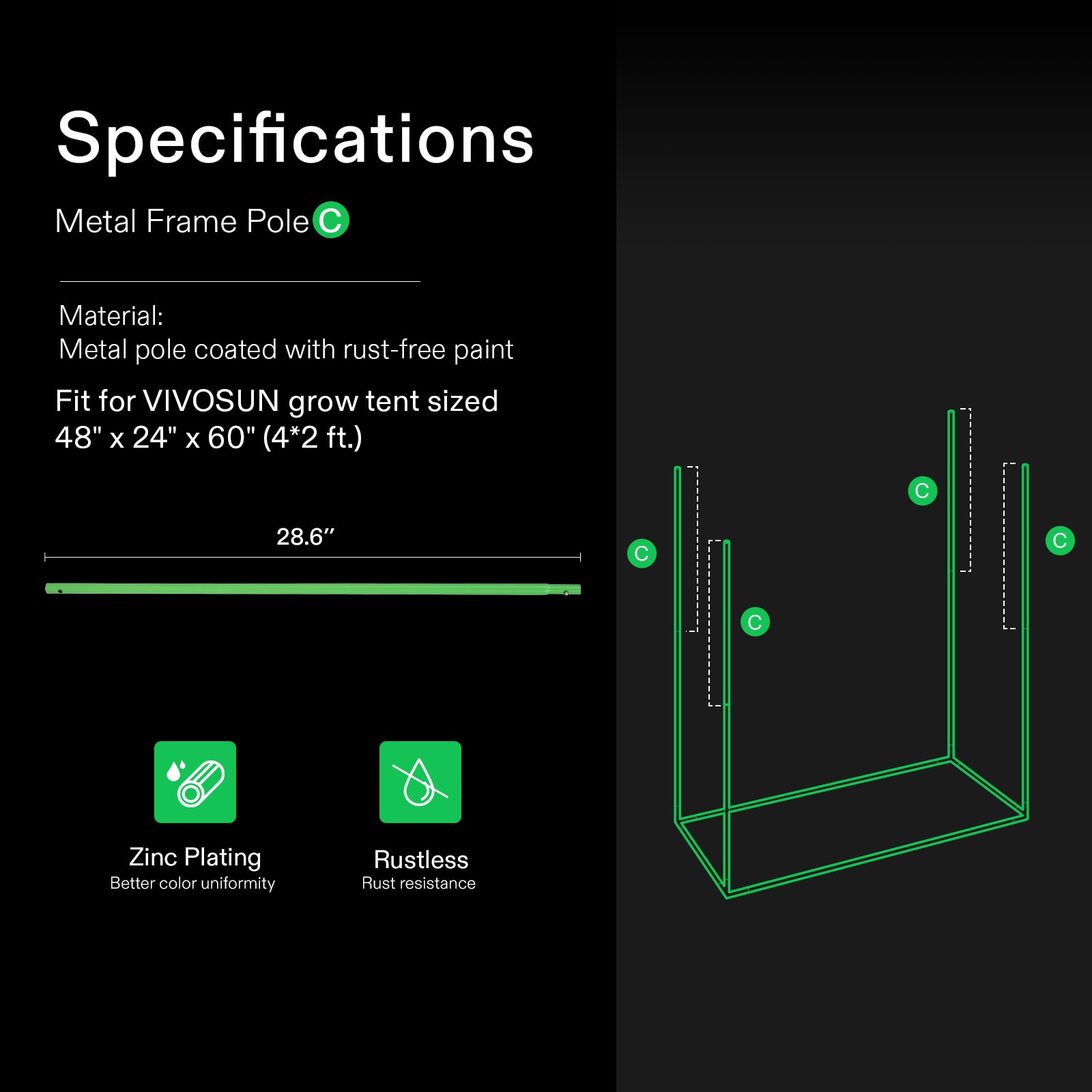 16mm Grow Tent Pole for 4*2 Grow Tent, Only for VIVOSUN Grow Tents