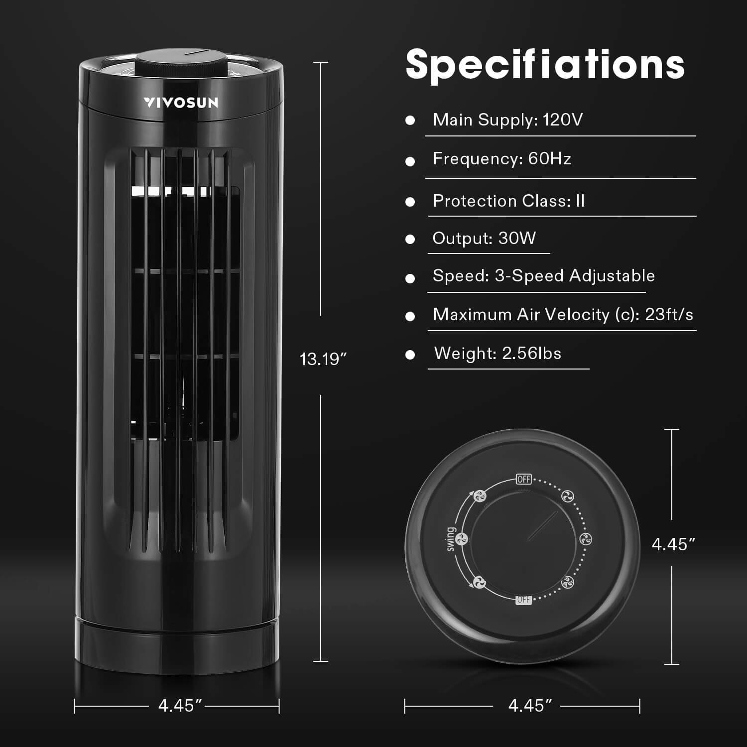 13'' Bladeless Table Tower Fan, with 3 Speeds and 70°Oscillation, Portable and Compact, Quiet Cooling Fan for Home and Office, Black