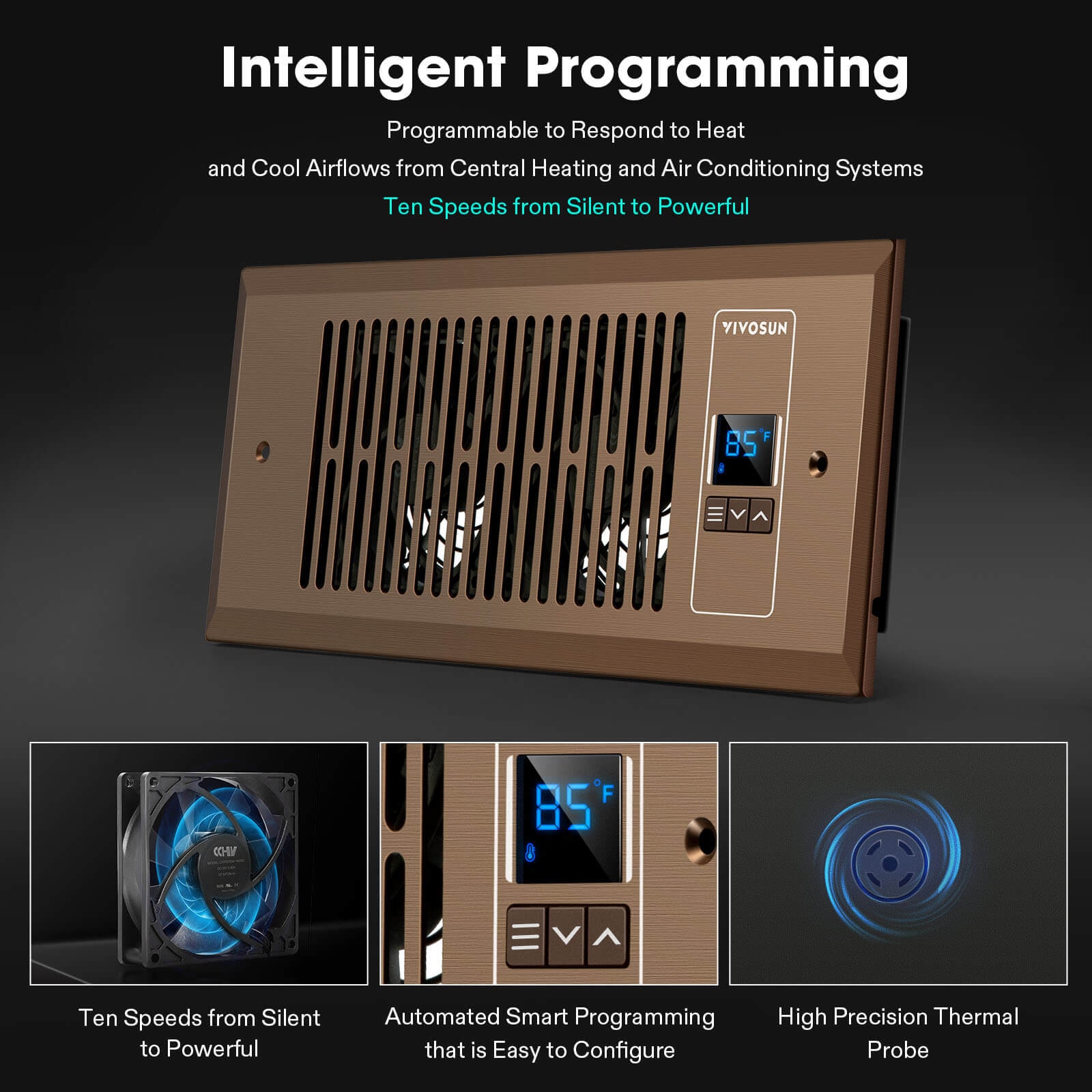 Quiet Register Booster Fan 4”×10”, Cooling Heating AC Vent Booster Fan, Brown