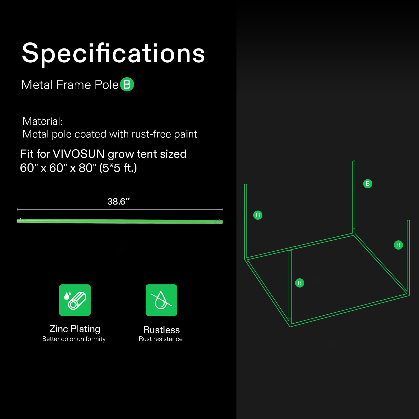 Grow Tent Pole-A for 5x5 Tent 1-Piece, Only for VIVOSUN Grow Tents